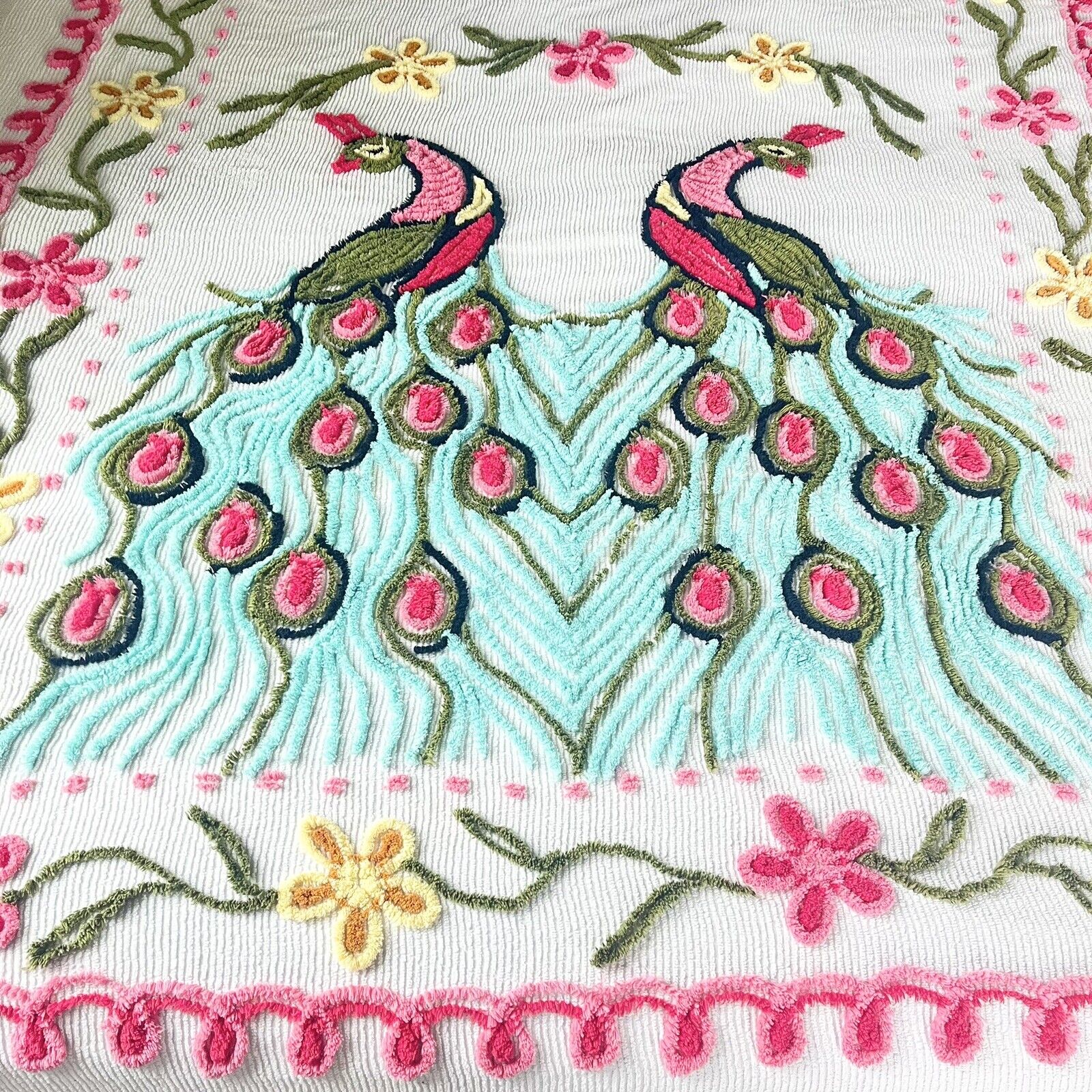 Vintage Chenille PEACOCK Flowers Bedspread 90x100” White Coverlet Pink Aqua