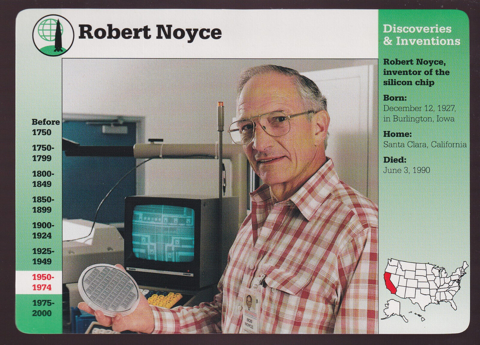 ROBERT NOYCE Inventor Silicon Chip Photo 1998 GROLIER STORY OF AMERICA CARD