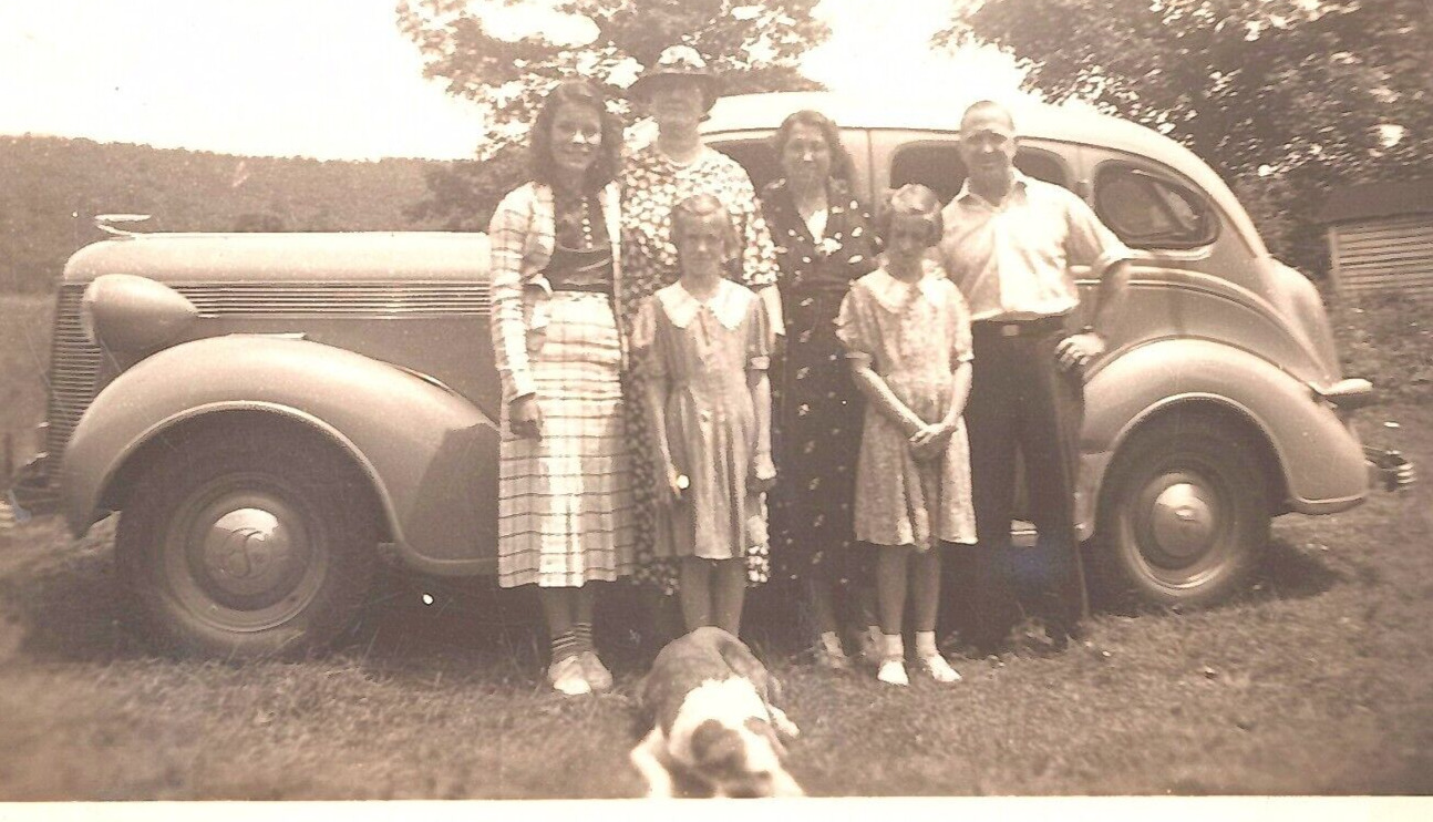 6G Photograph 1937 Desoto Old Car Family Portrait Man Women Girls Dog 1930's