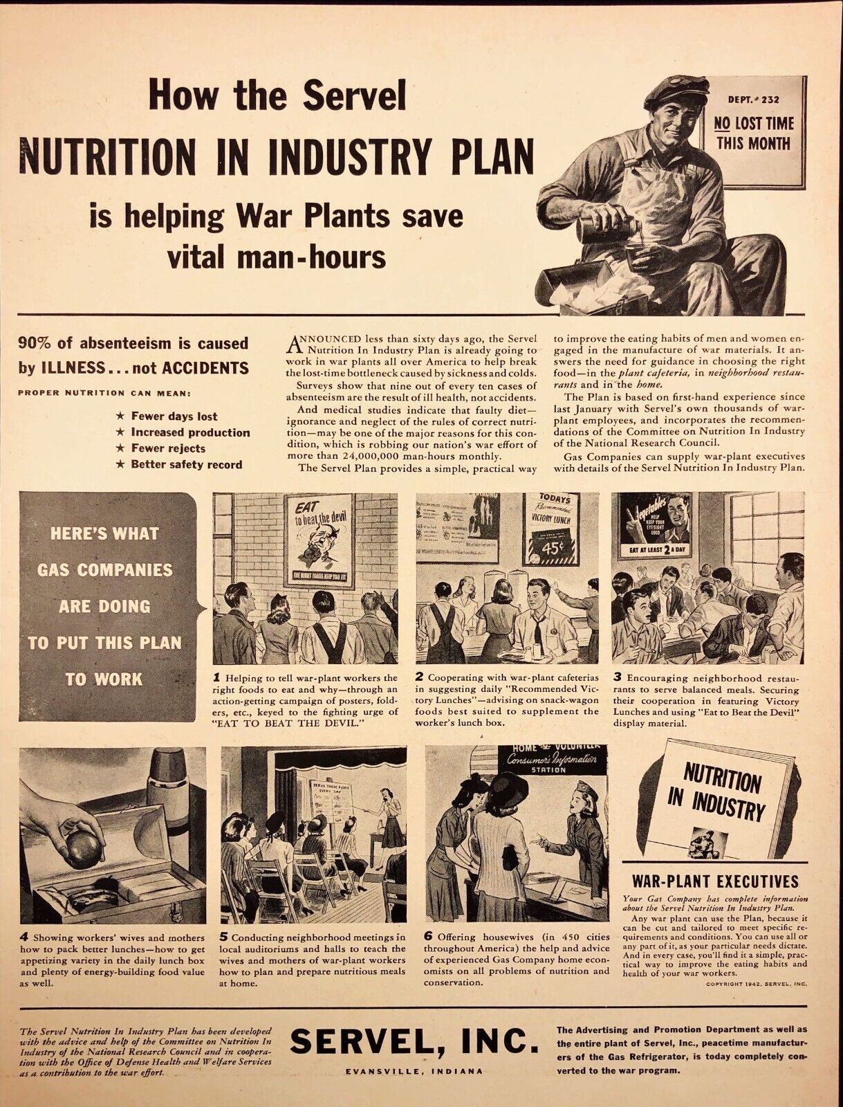 1942 Servel Nutrition in Industry Plan War Plant Evansville IN Vintage Print Ad