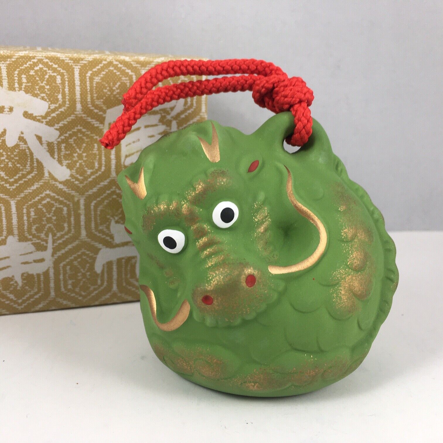 Japanese Green Clay Lucky Fortune Dragon Bell Ornament Figurine Made in Japan