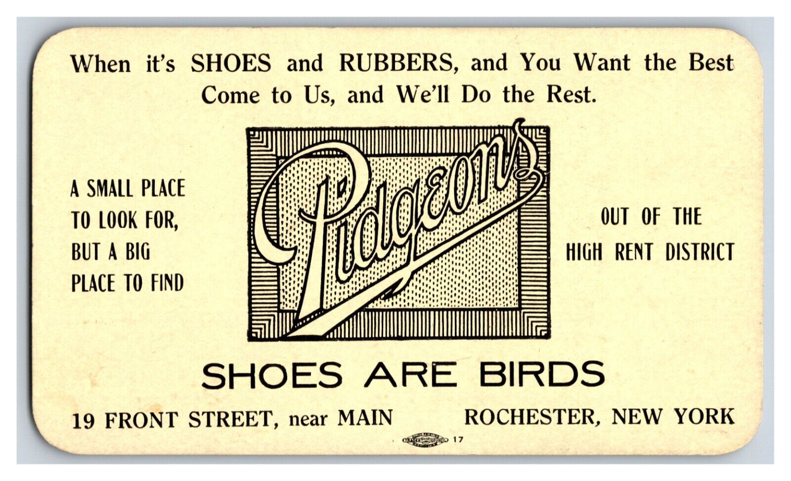 Vtg Advertising Trade Card Pidgeon\'s Shoe Store Rochester New York NY R2