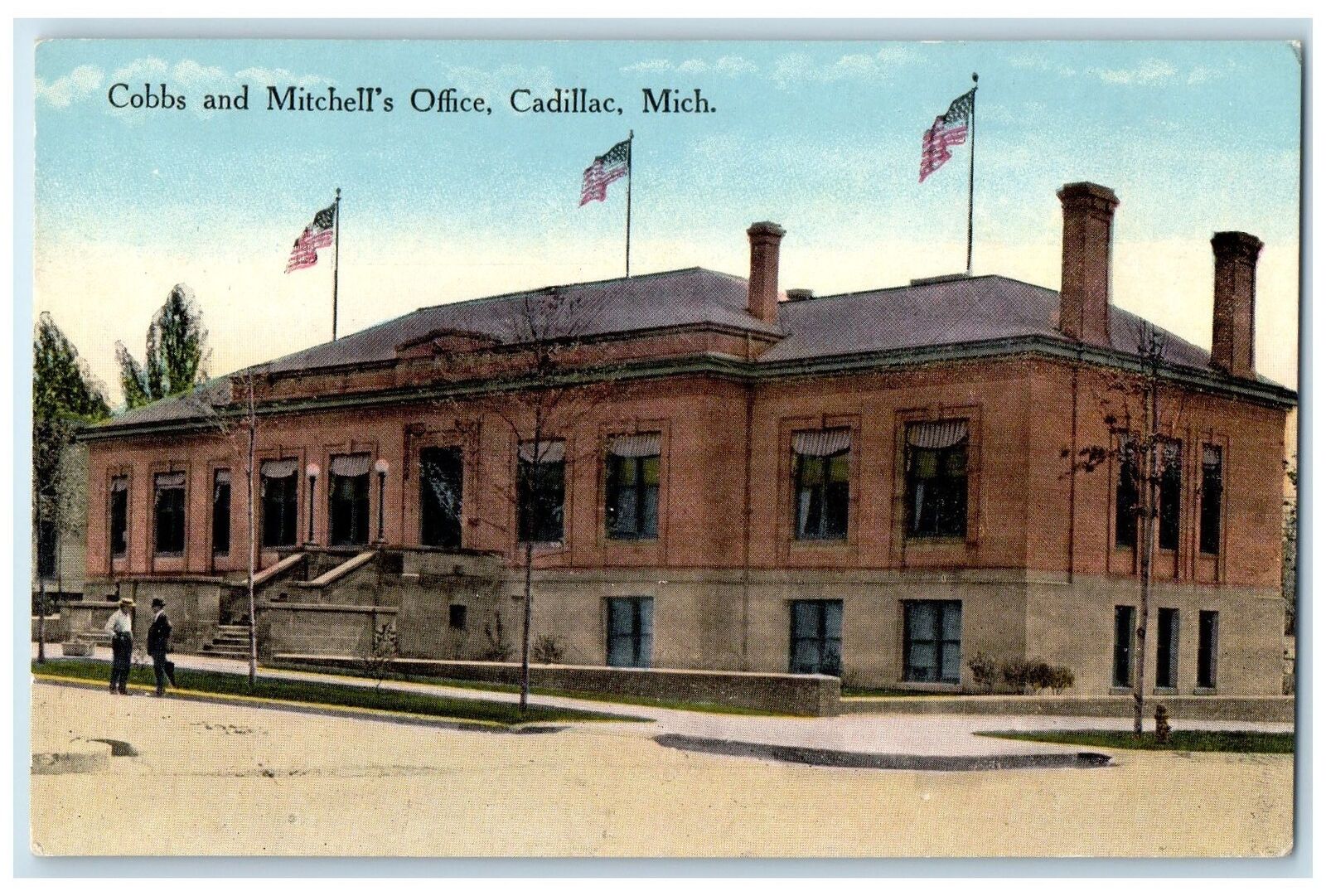 c1910s Cobb's And Mitchell's Office Exterior Cadillac Michigan MI Flags Postcard