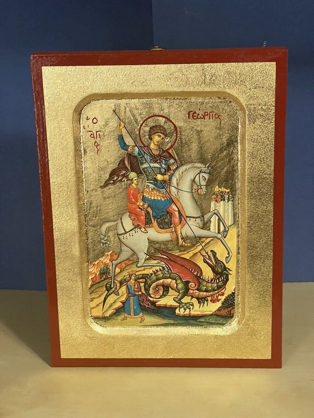 Saint George the Troopoephoros -WOODEN ICON, CARVED WITH GOLD LEAVES 6x8 inch