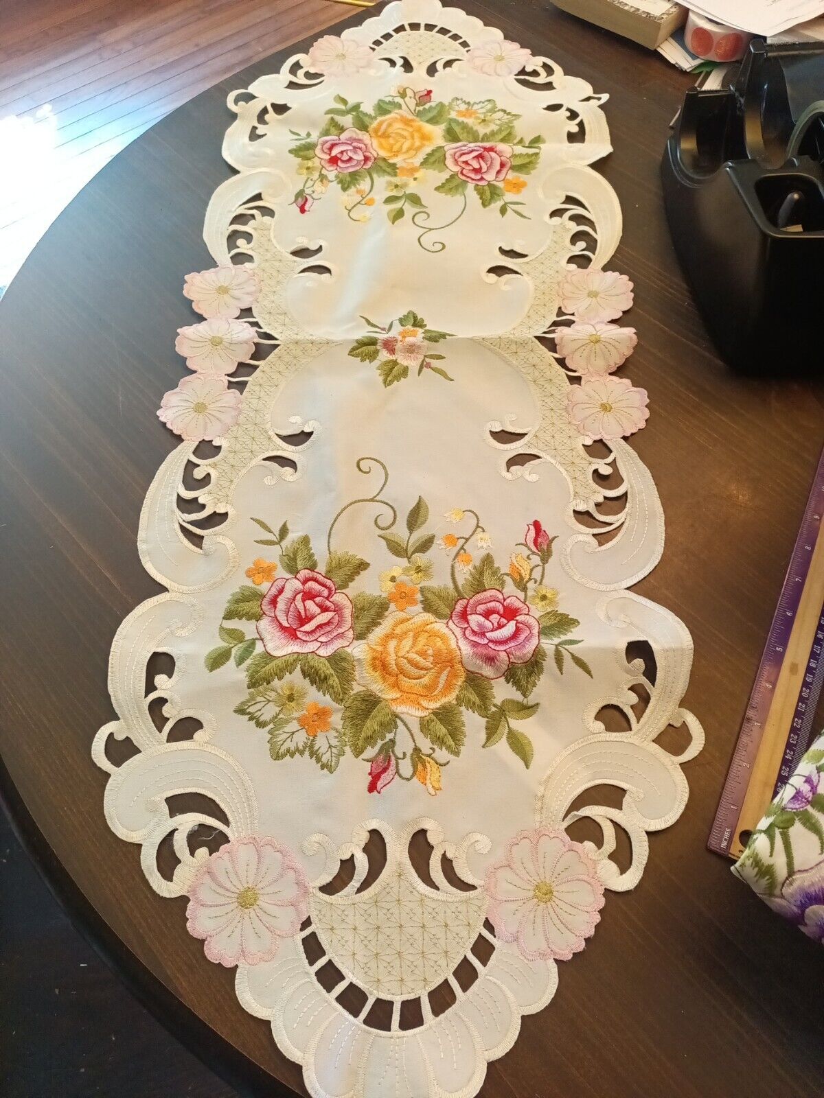 Embroidered Red Yellow And Pink Roses Table Runner 39 In