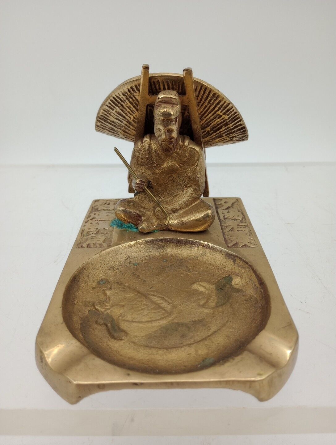 Vtg 1940's Brass Ashtray Pipe Rest  Featuring Man At Koi Pond 6 1/4