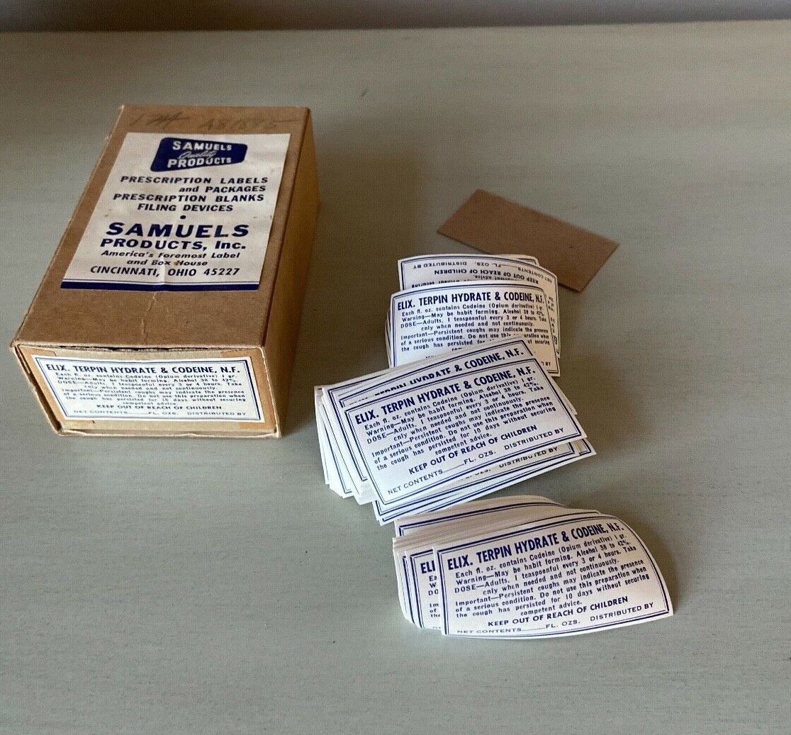 vintage apothecary pharmeceutal  samuels products Elix terpin hydrate  label lot