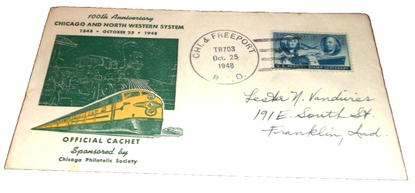 OCTOBER 1948 C&NW CHICAGO & NORTH WESTERN 100TH ANNIVERSARY CACHET ENVELOPE I