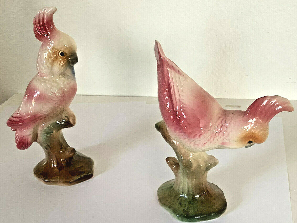 Vintage Art Deco Era 2 Exotic Birds Ceramic Plumes Cockatoo Figurines