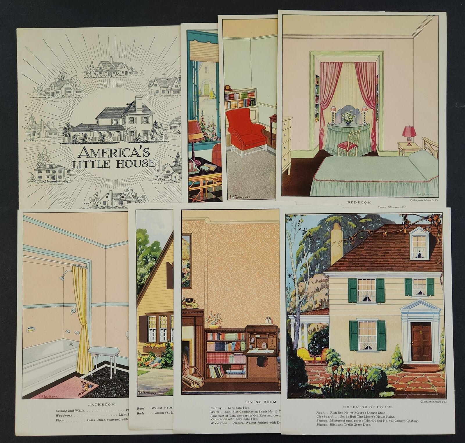1920s vintage BENJAMIN MOORE PAINT ad 7pc COLOR PLATE SET americas little house