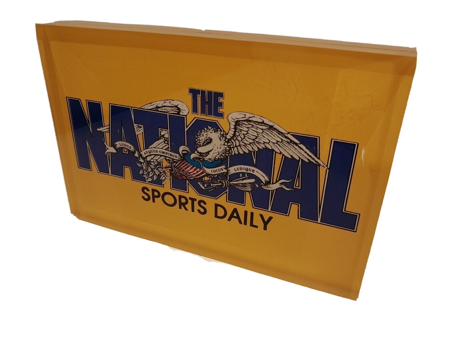 NATIONAL SPORTS DAILY Logo Lucite Acrylic Desk Shelf Decor Paperweight 2-Sided