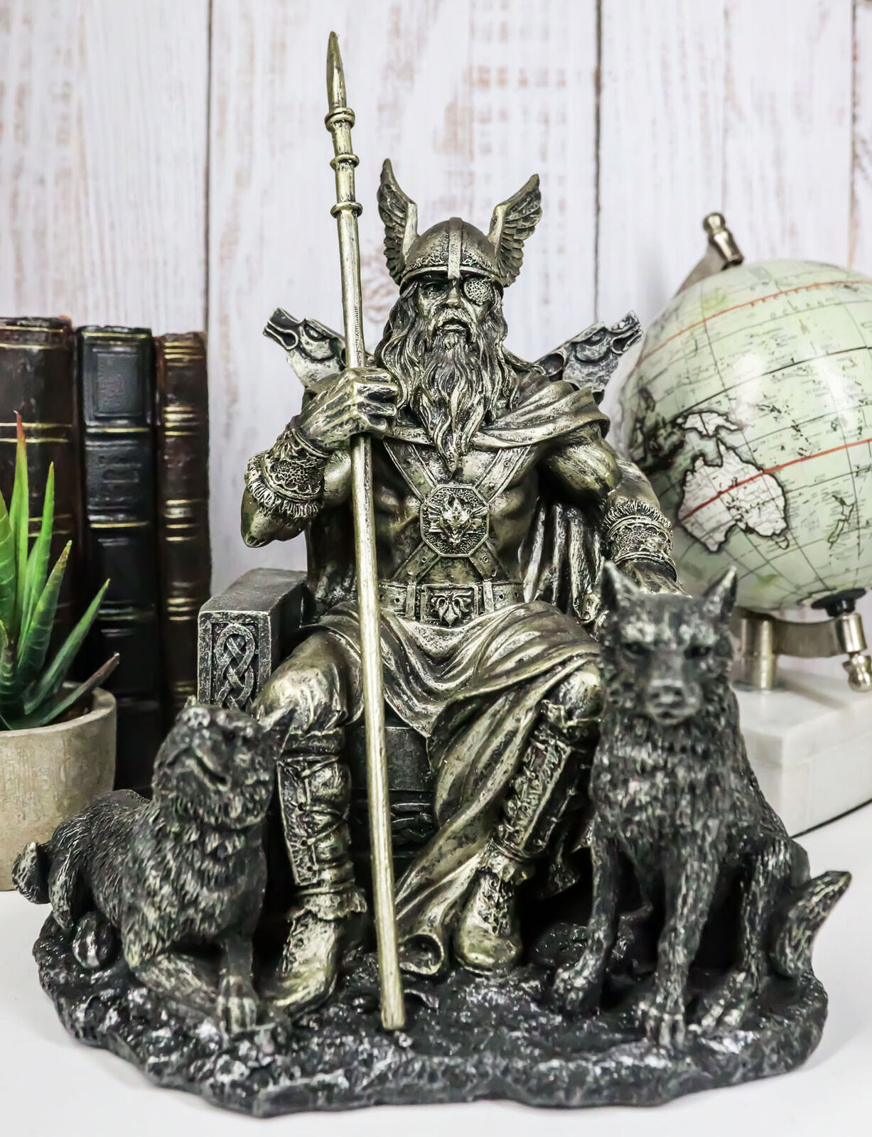 Ebros Norse Odin The Alfather Sitting On A Throne with Two Wolf Dogs Figurine