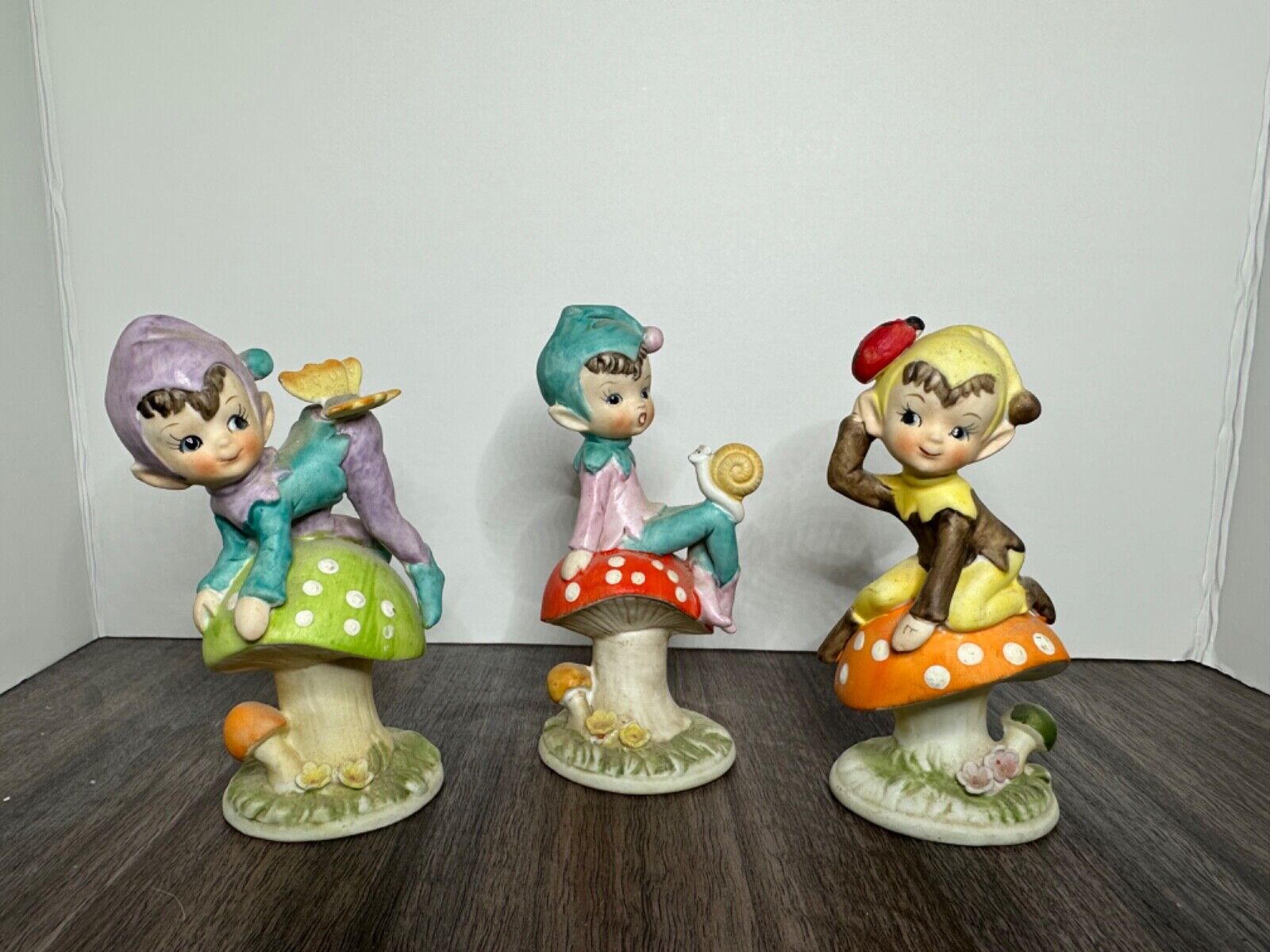 Vtg Brinn’s Ceramic Pixie Elf Sitting on Magic Mushroom 5” Figurines, Set of 3