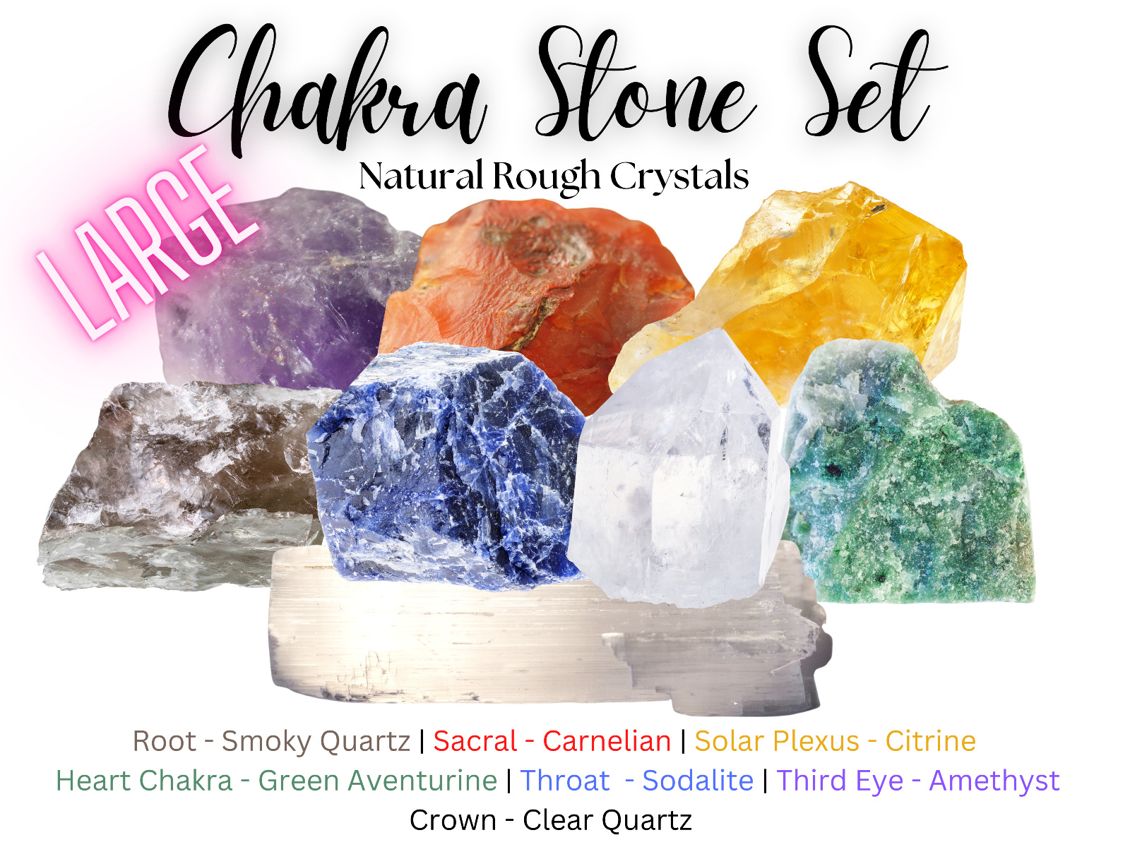 LARGE Chakra Natural Stones Set 7 Rough Crystals Raw Selenite Stick, Directions