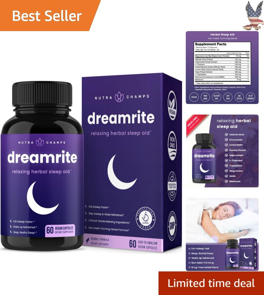 Herbal Sleep Aid Capsules Melatonin Magnesium Chamomile Valerian 60 Caps