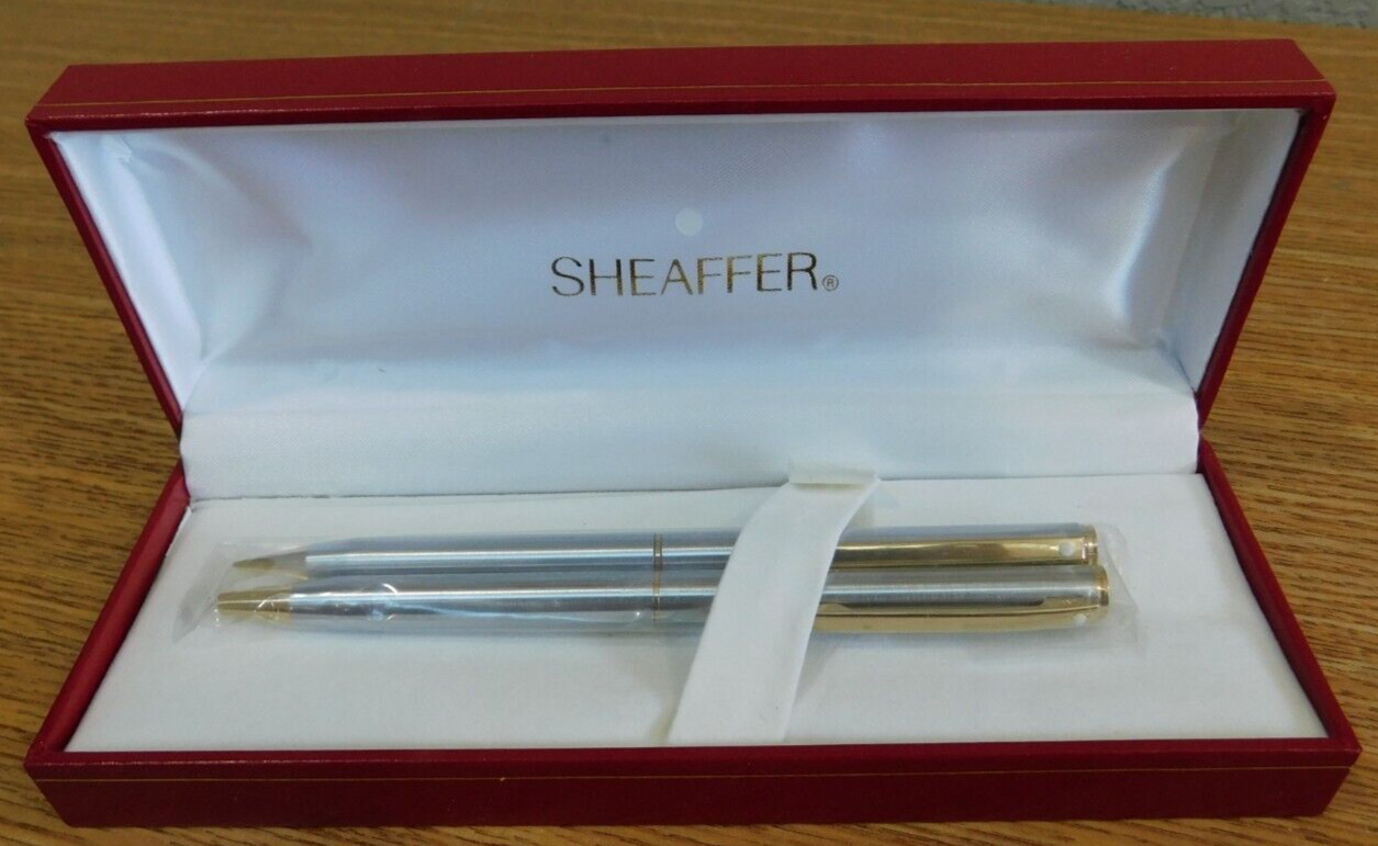 Pair Of Vintage Sheaffer Pen And Pencil Set Silver With Gold Trim W/ Case