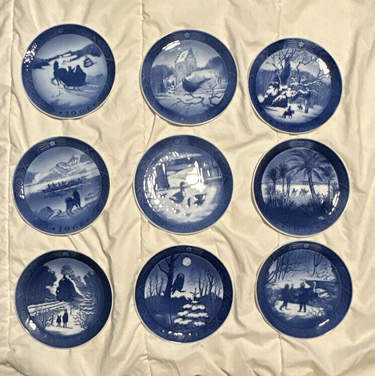9 Plates -Vintage Royal Copenhagen Denmark Christmas Plates, Mint, 1964-1987