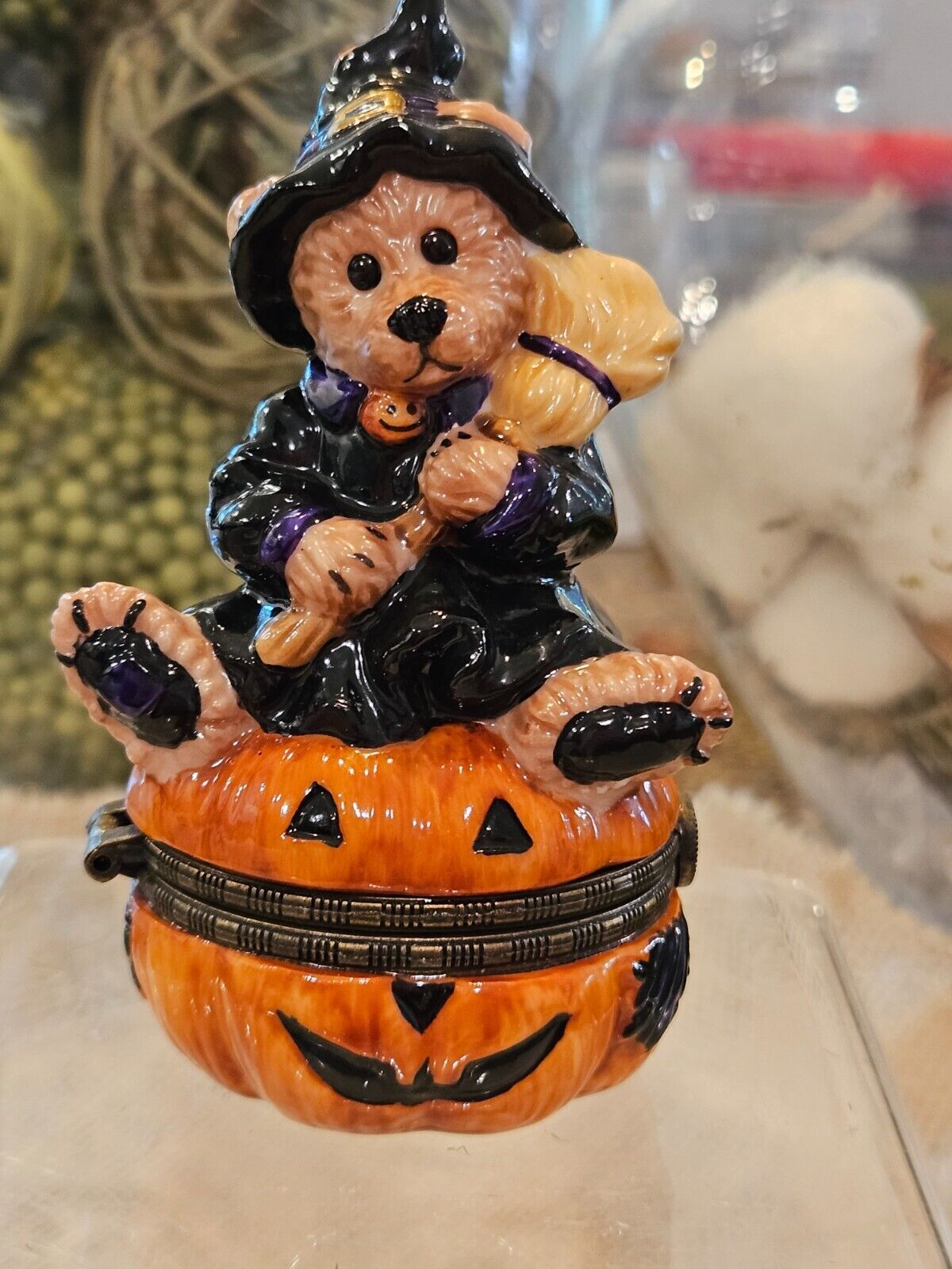 Collectible Boyds Bearware Pottery Pumpkin Bear Witch With Broom Trinket Box
