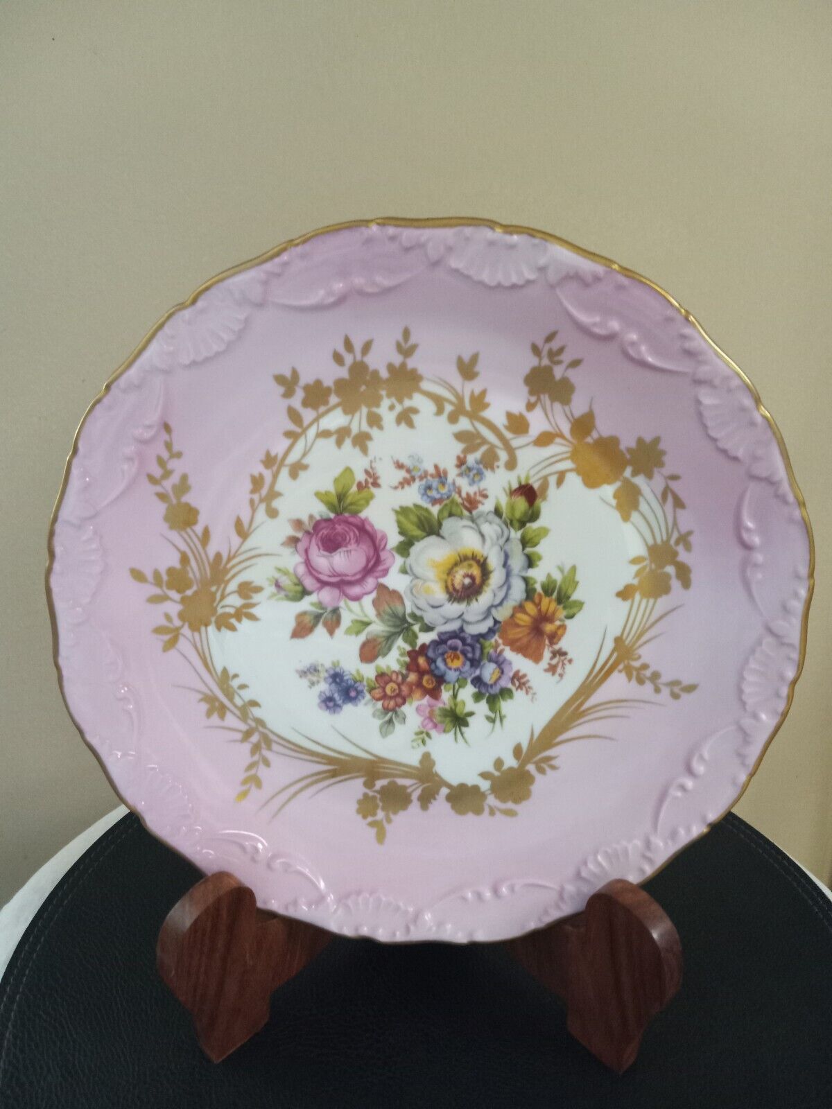 Limoges French Charger Plate In Pink With Handpainted Flowers And Gold Gilt....