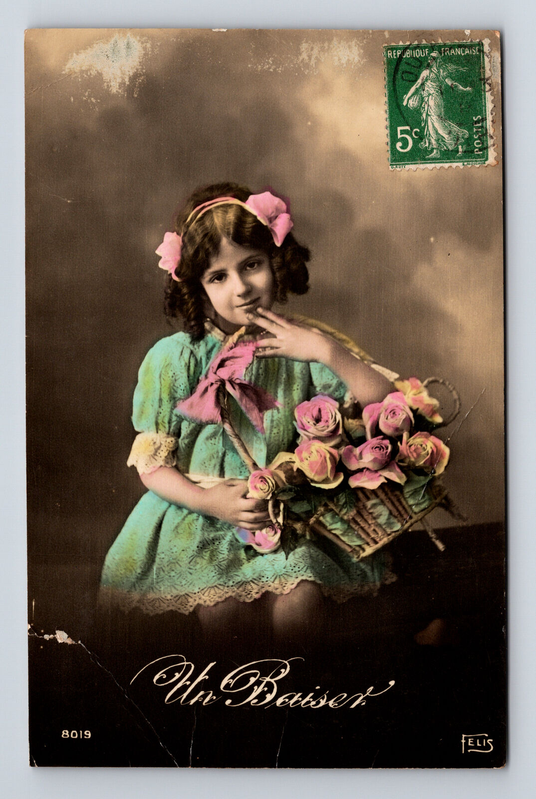 c1913 RPPC Portrait Young French Girl Flower Basket Hand Colored FELIS Postcard