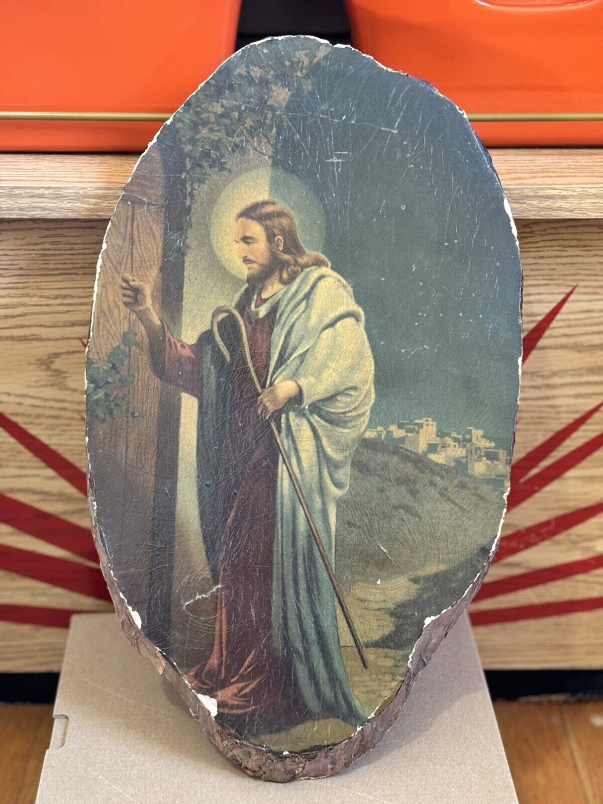 “Behold I Stand at the Door and Knock” Vintage Wood Slice Decoupage Picture