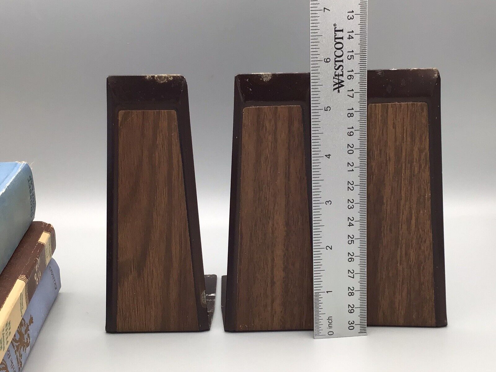VTG Mcm 3 Bookends Metal Minimalist Library Desk Wood Grain invisible ￼