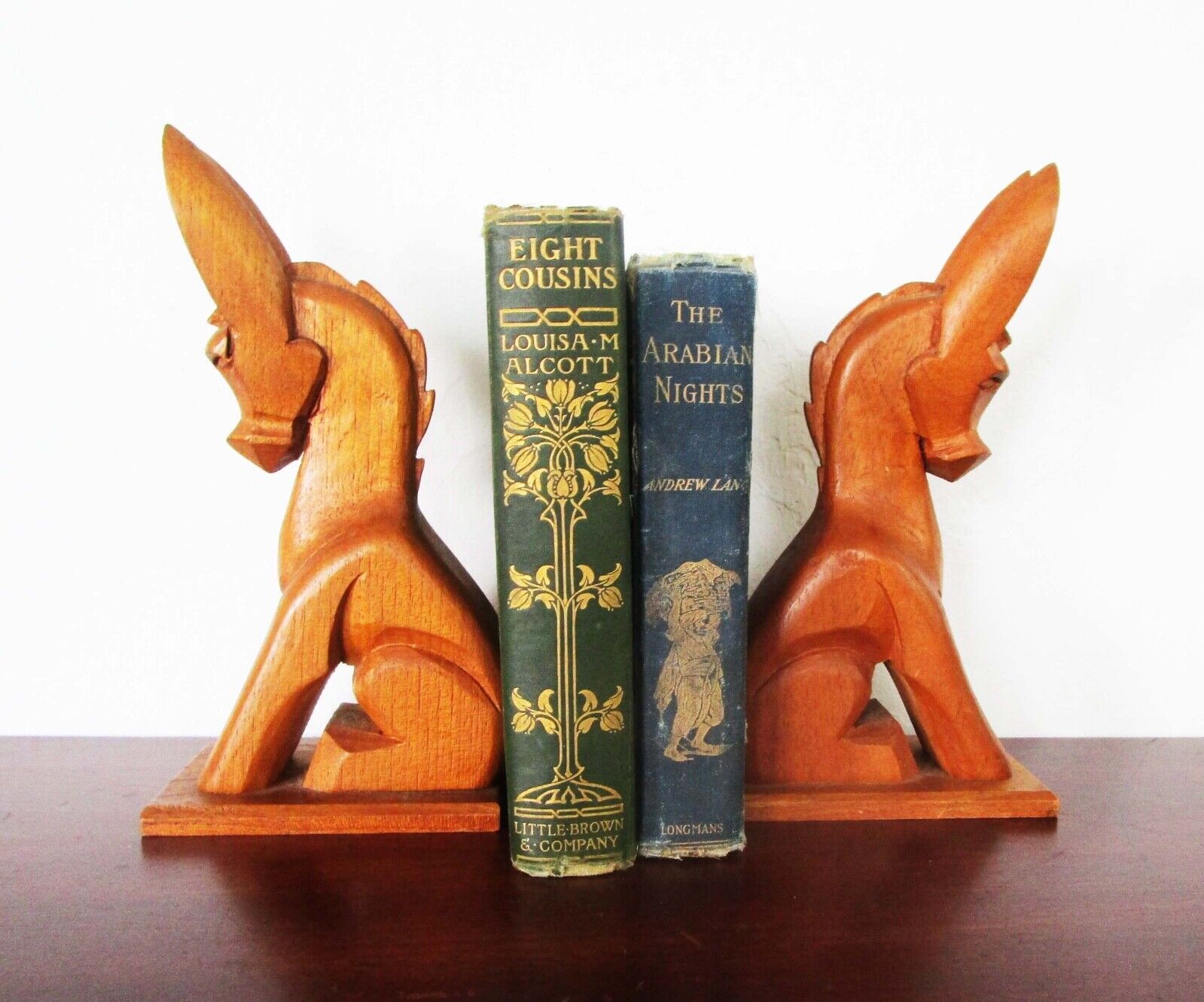 Pair Wood Bookends Donkey Burro Mule Hand Carved Mid Century Mexico Southwestern
