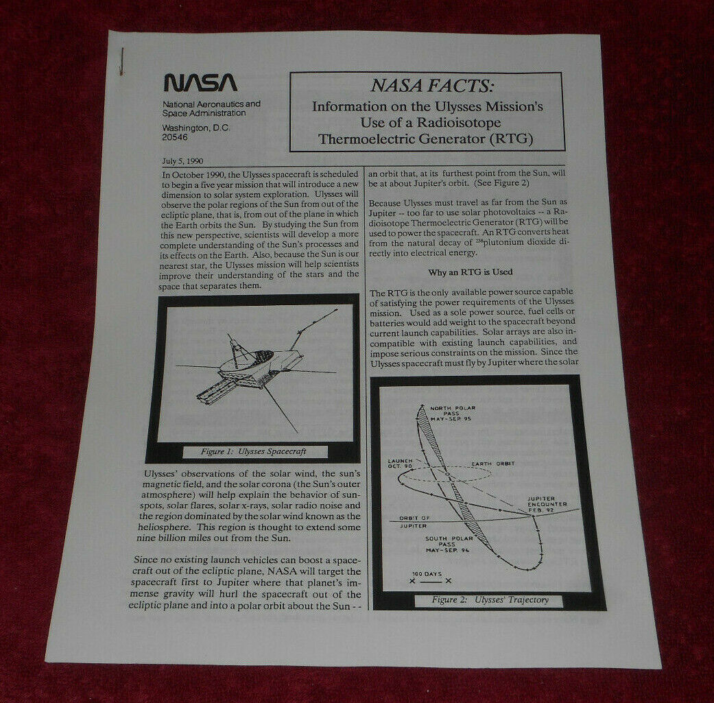 NASA Facts Ulysses Mission Radioisotope Thermoelectric Generator RTG Info 1990