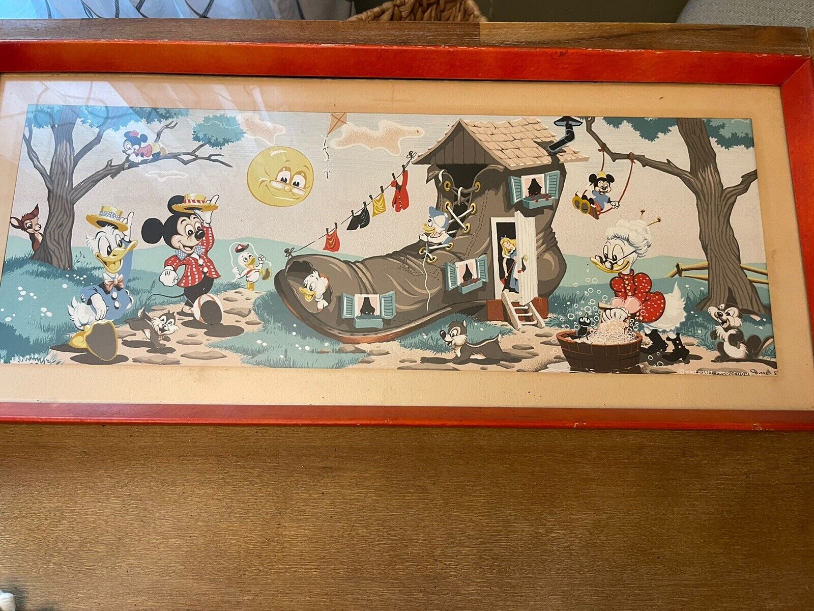 Vtg Water Color Framed Painting Disney Characters Mickey Donald Signed “Bennett”