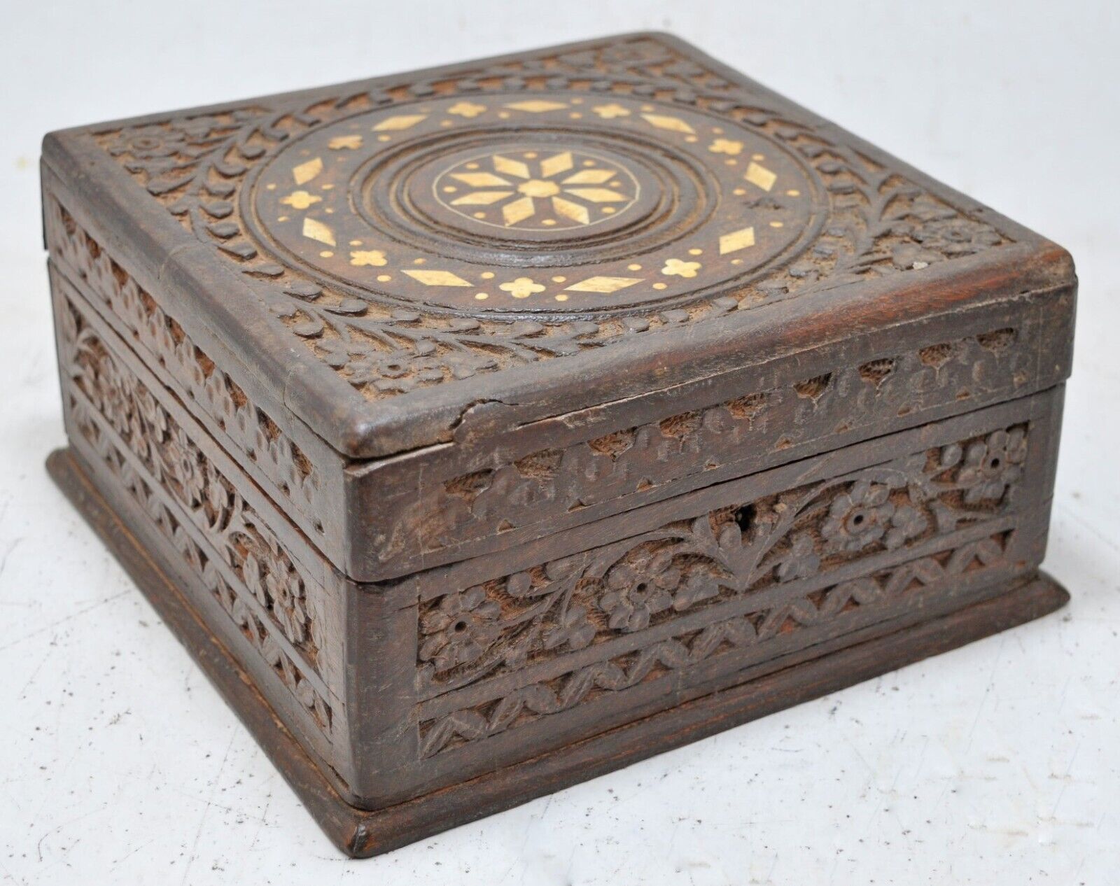 Antique Wooden Jewellery Storage Box Original Old Hand Crafted Carved