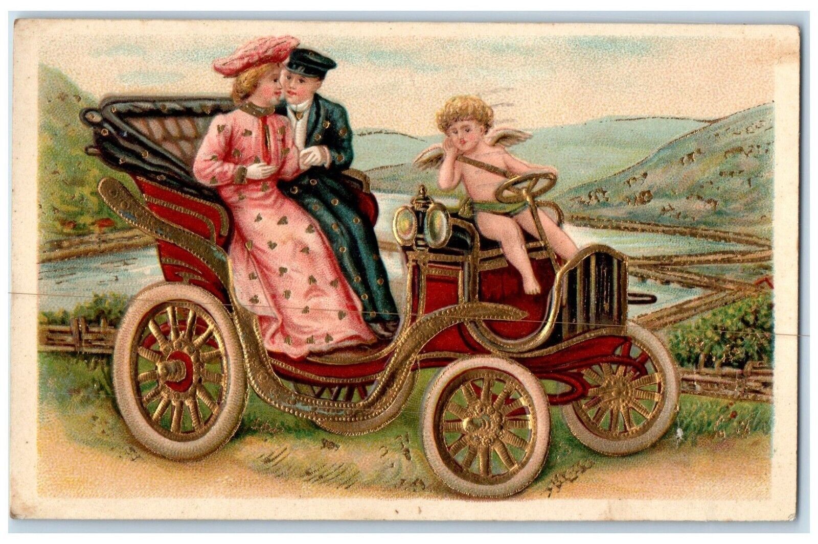 1907 Valentine Couple Romance Cupid Angel Driving Car Embossed Antique Postcard