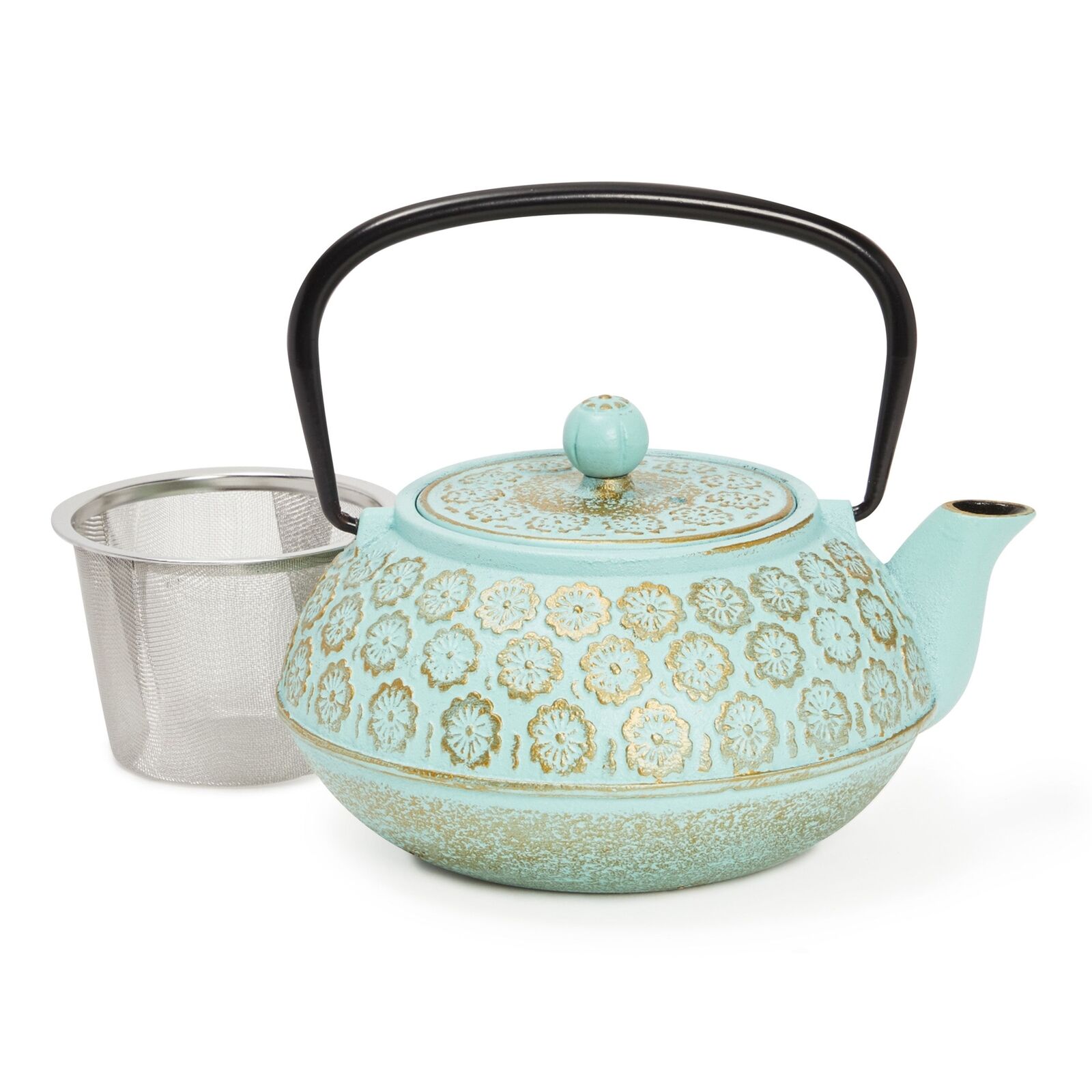 34oz Classic Cast Iron Tea Pot Kettle with Stainless Steel Infuser, Teal Floral