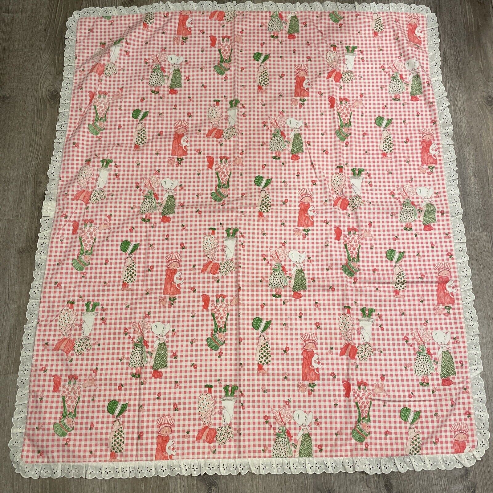 VTG 1970's Handmade HOLLY  HOBBIE Pink Gingham Coverlet Quilt Blanket 46”x 54”