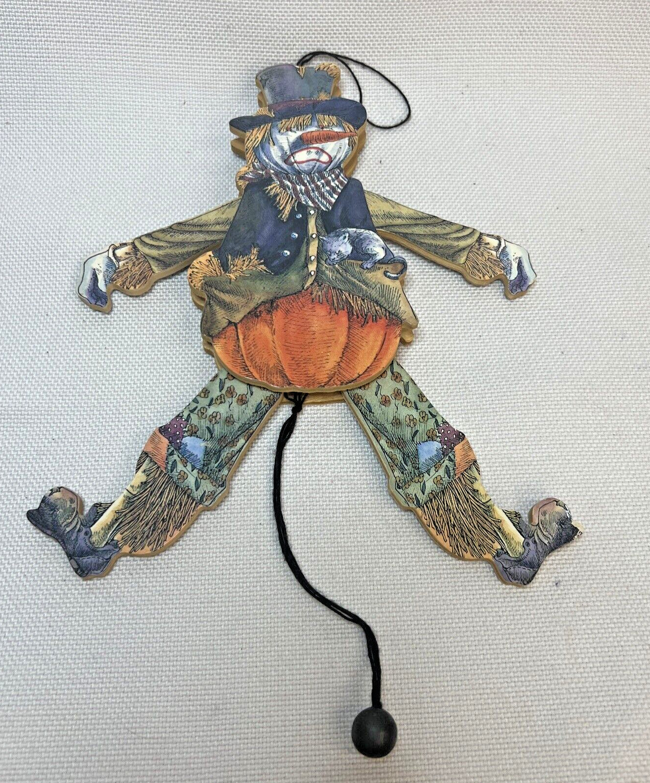 Vintage Halloween Pumpkin Wood Pull String Jumping Jack Scarecrow 2 sided 80's
