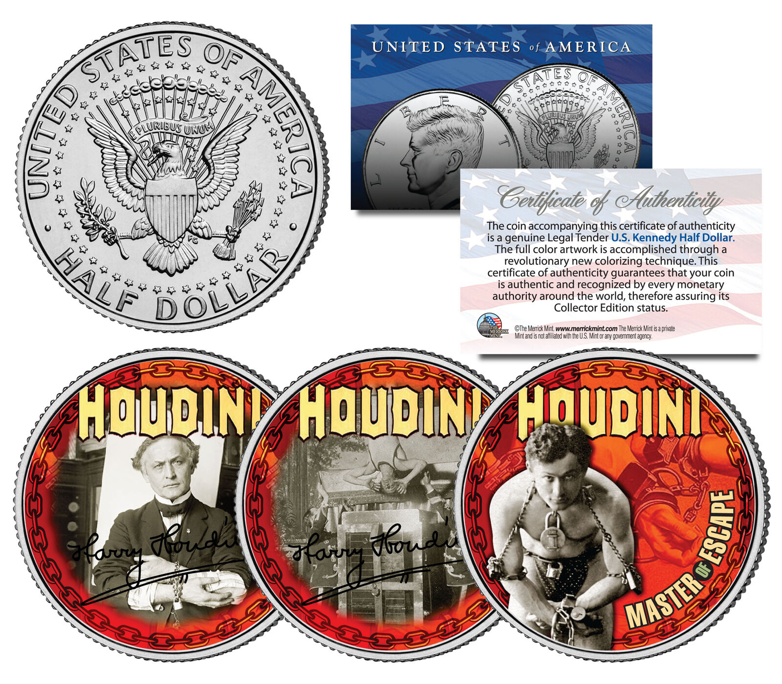 HARRY HOUDINI * Master of Escape * Colorized JFK Kennedy Half Dollar 3-Coin Set