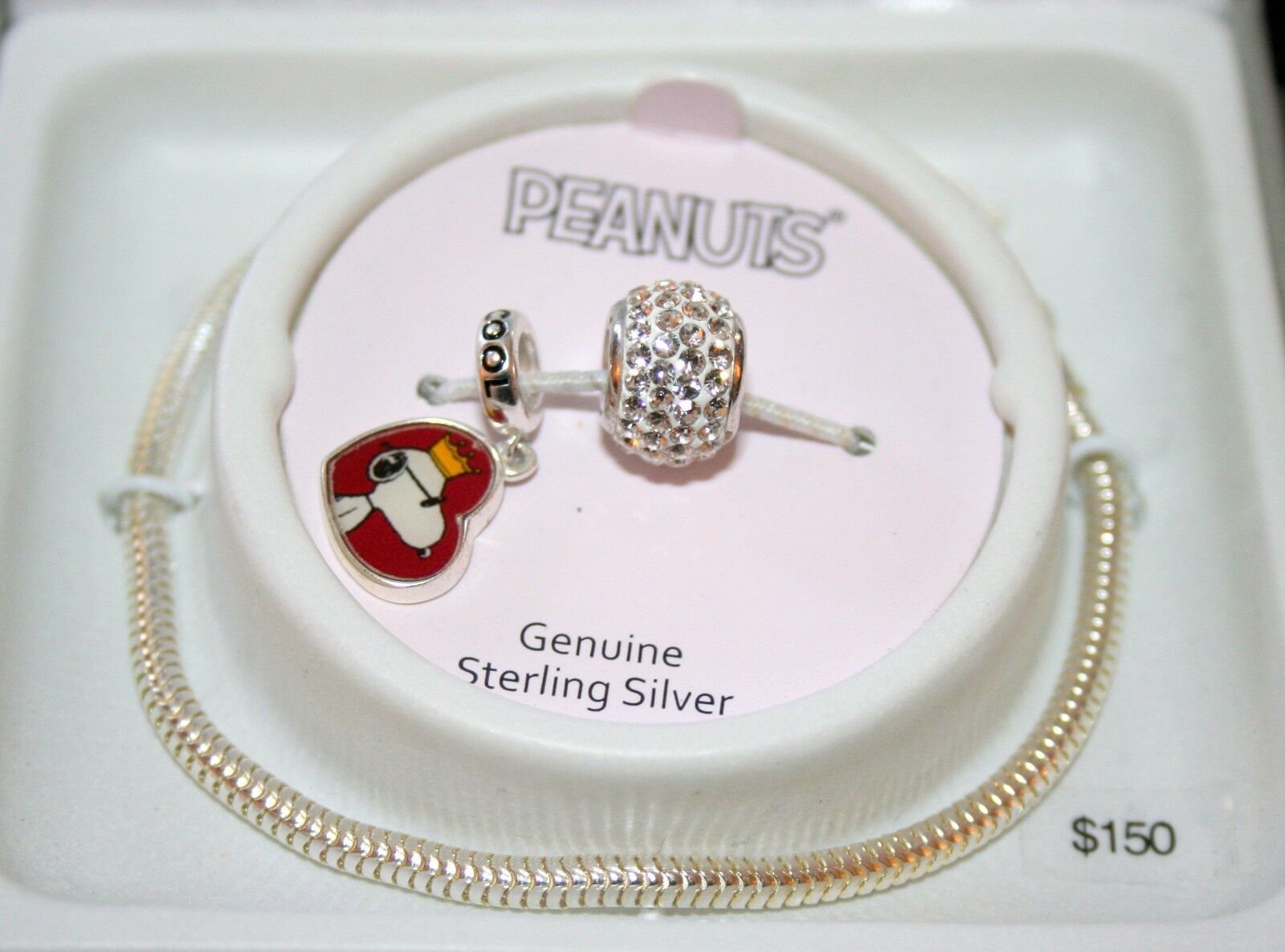 Peanuts Snoopy Sterling Silver Crystal Bead Charm Bracelet NEW MIB $150 value