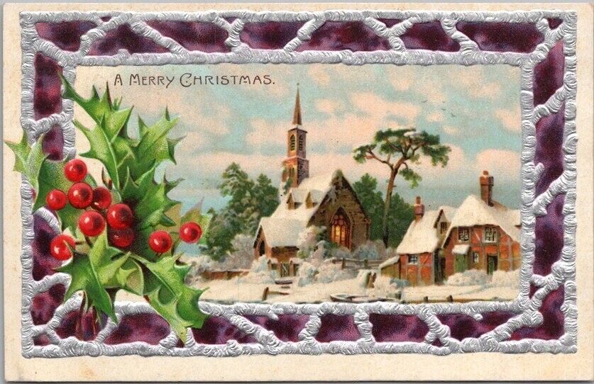 Vintage 1910s MERRY CHRISTMAS Embossed Postcard Church Scene / Holly - UNUSED