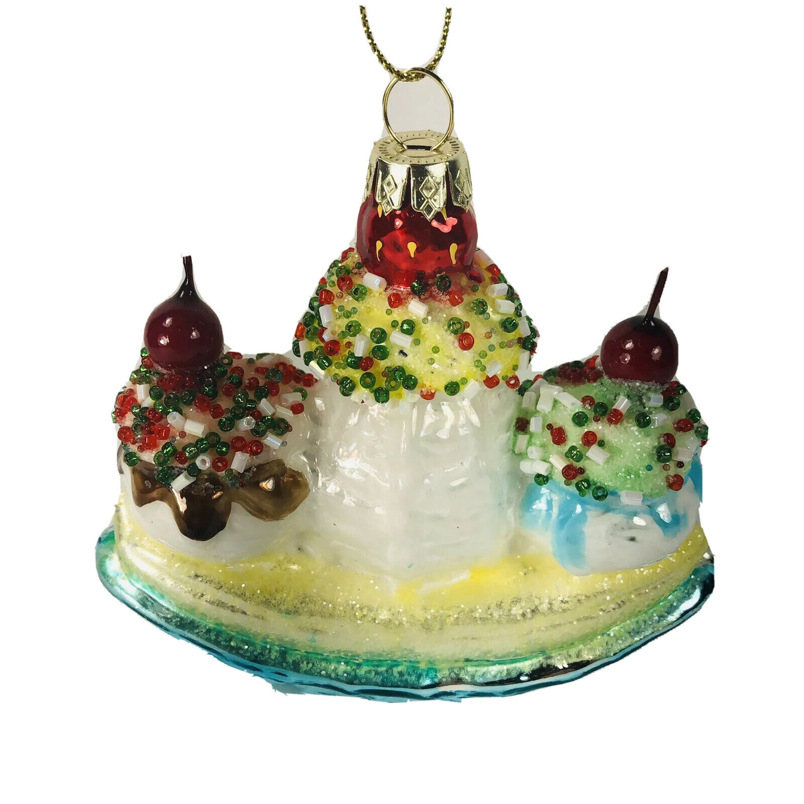Banana Split Glass Christmas Ornament Robert Stanley Beaded Dessert 2x4.5in