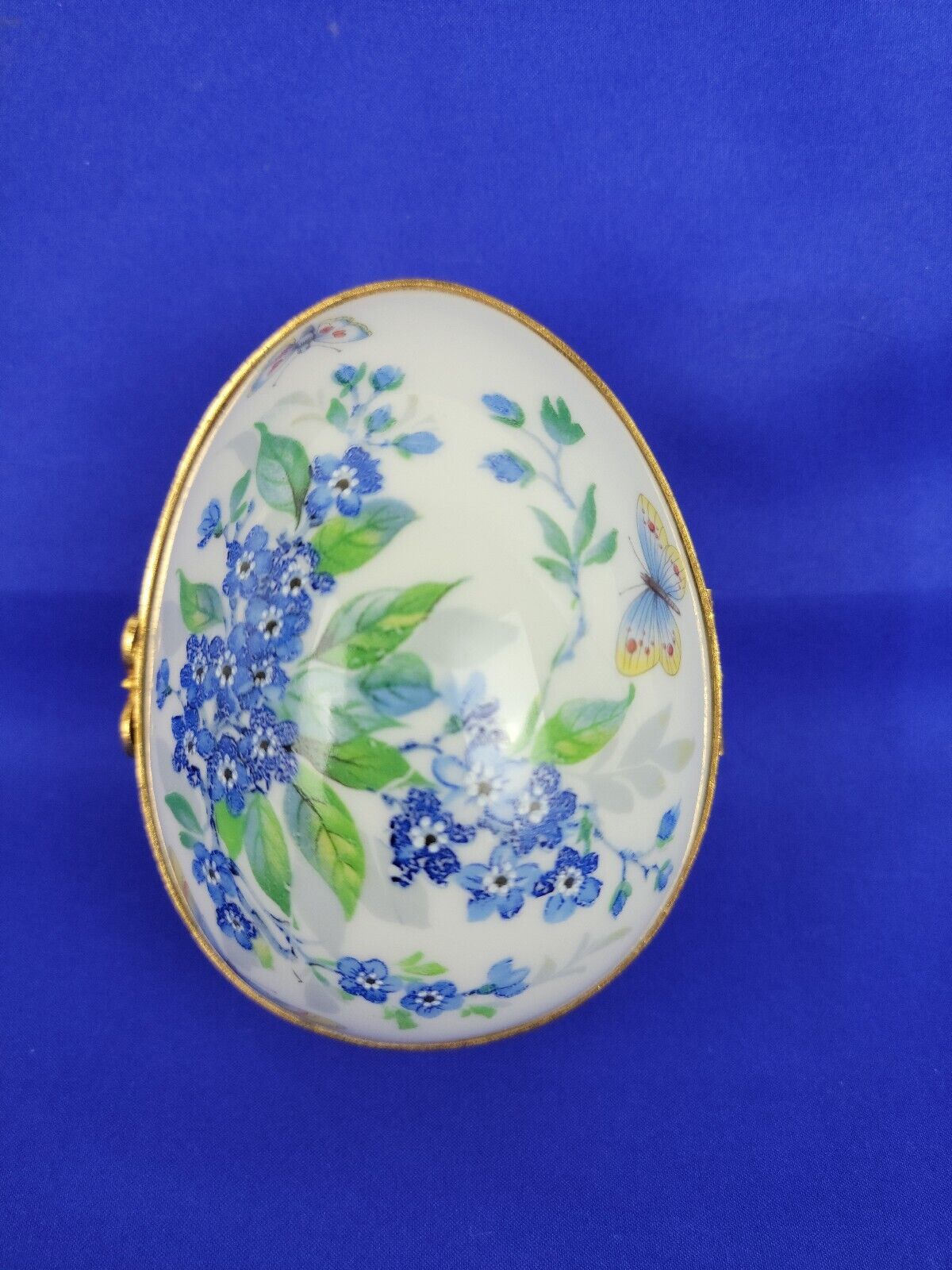 Vintage Limoges France Egg Trinket Box Butterflies & Blue Flowers Porcelain