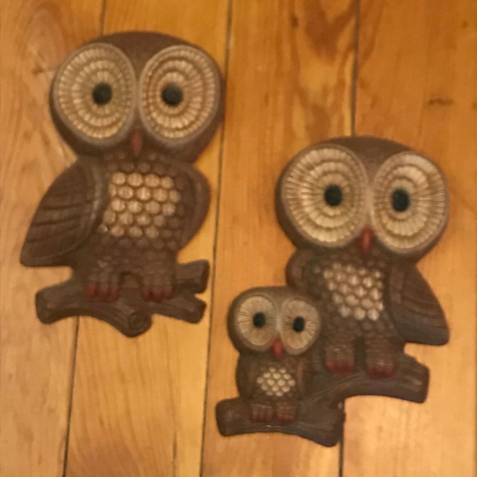 Vintage Painted Plastic Foam Brown OWL Family Wall Plaques – one without baby ow