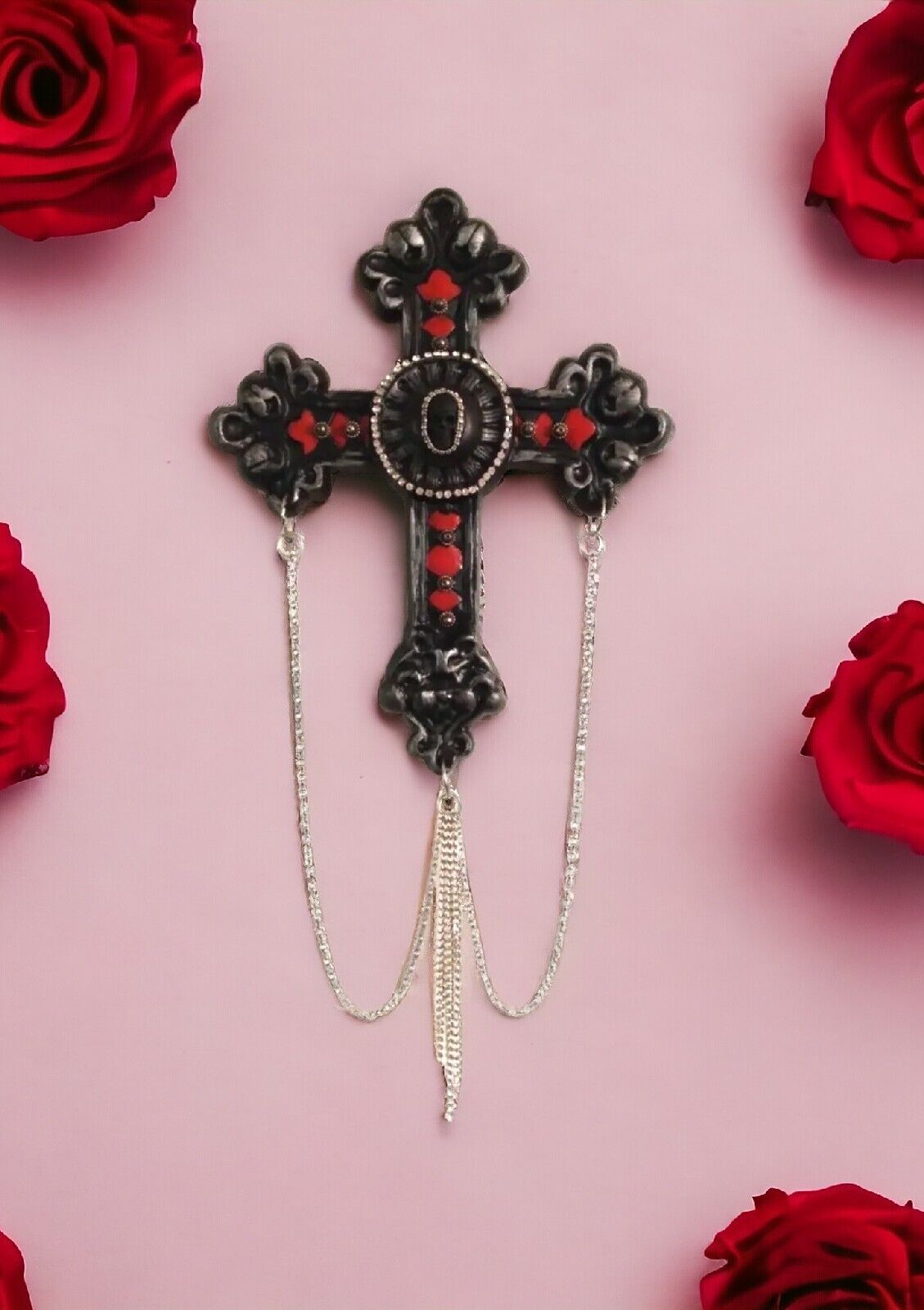Cross Wall Hanging Black and Red Chains Emo Rock Heavy Metal