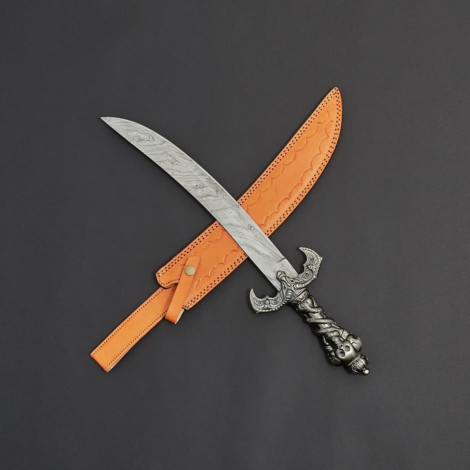 Custom Handmade Damascus Steel Hunting Mini Sword with Leather Sheath