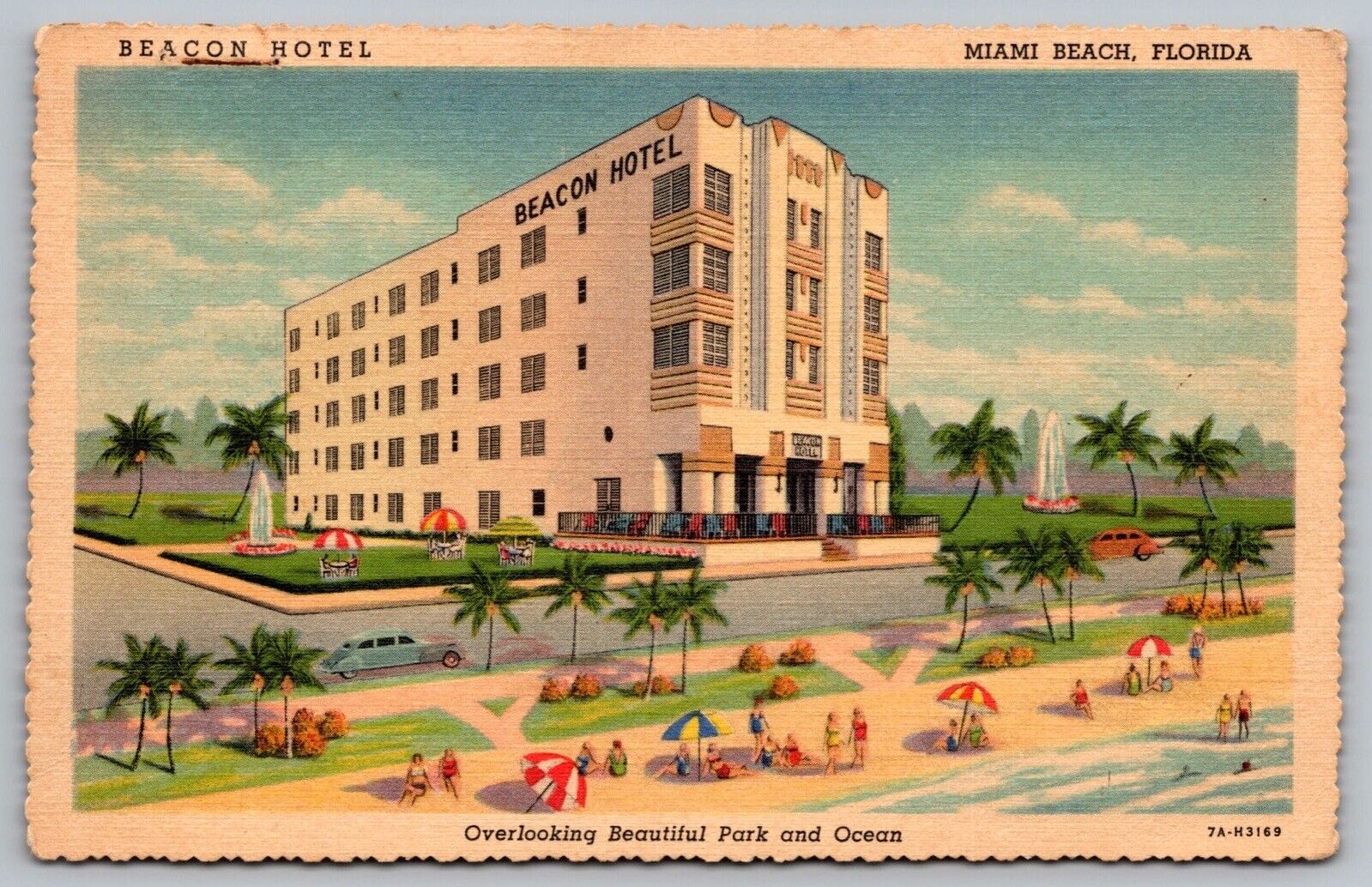 Florida Miami Beach Beacon Hotel Park Ocean Oceanfront Fountain Linen Postcard