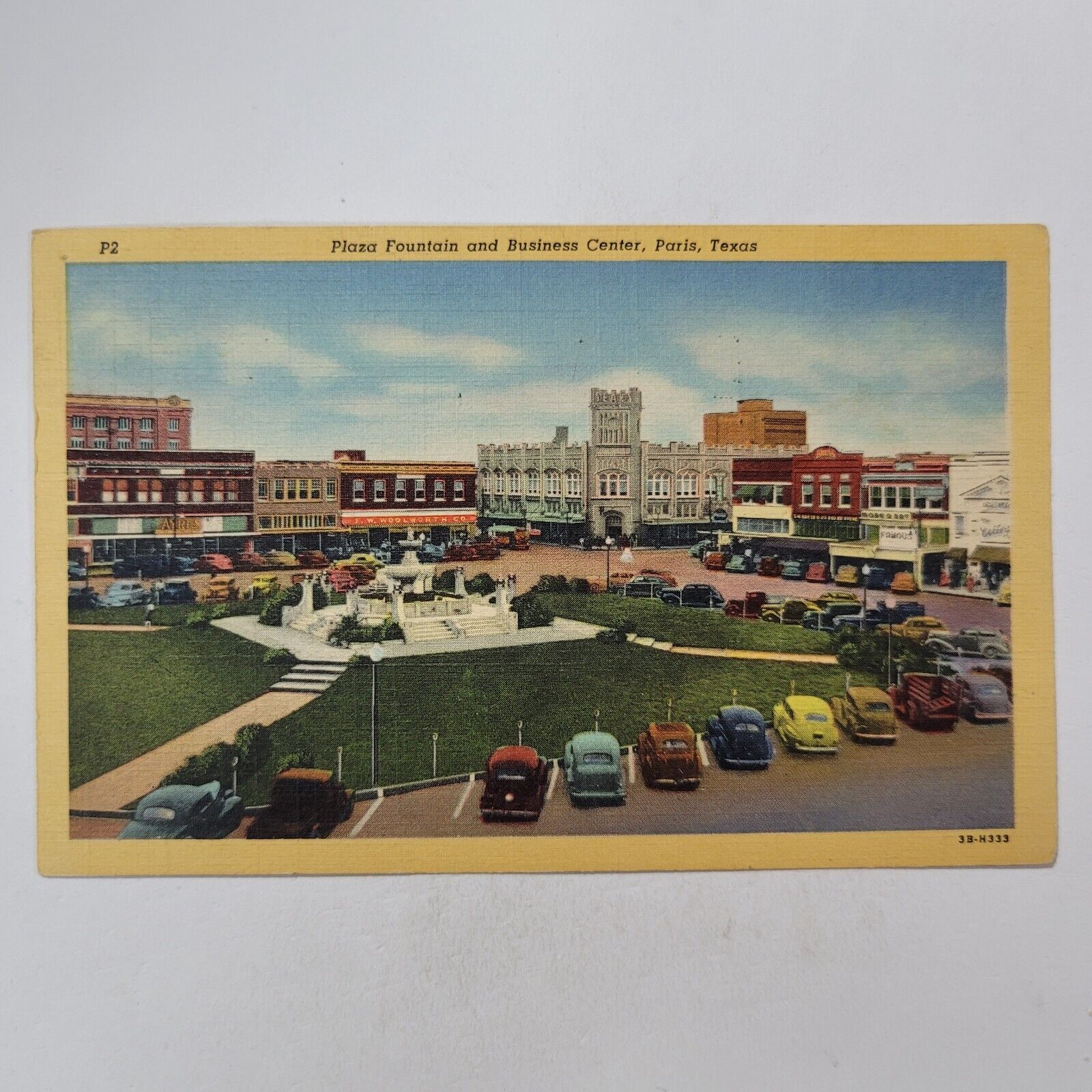 Plaza Fountain & Business Center Paris Texas Vintage Linen Postcard Street View