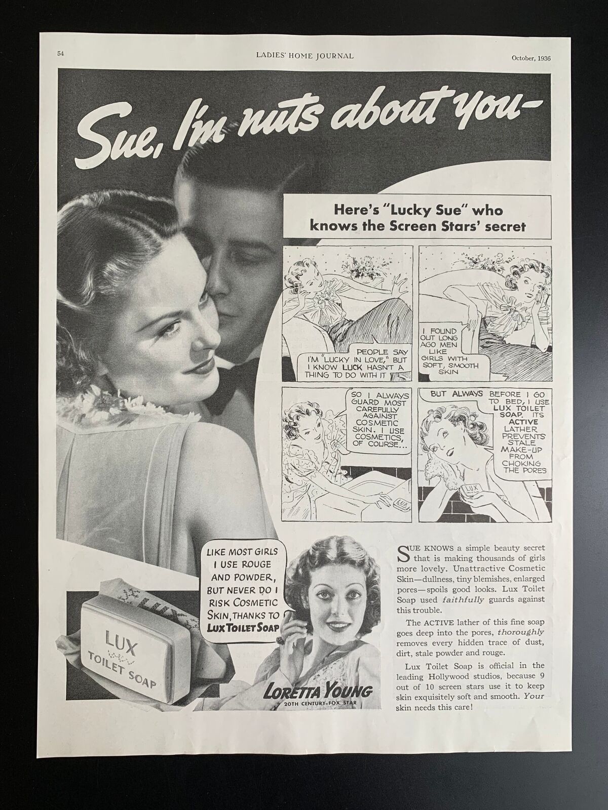 Vintage 1936 Lux Soap, Loretta Young Print Ad