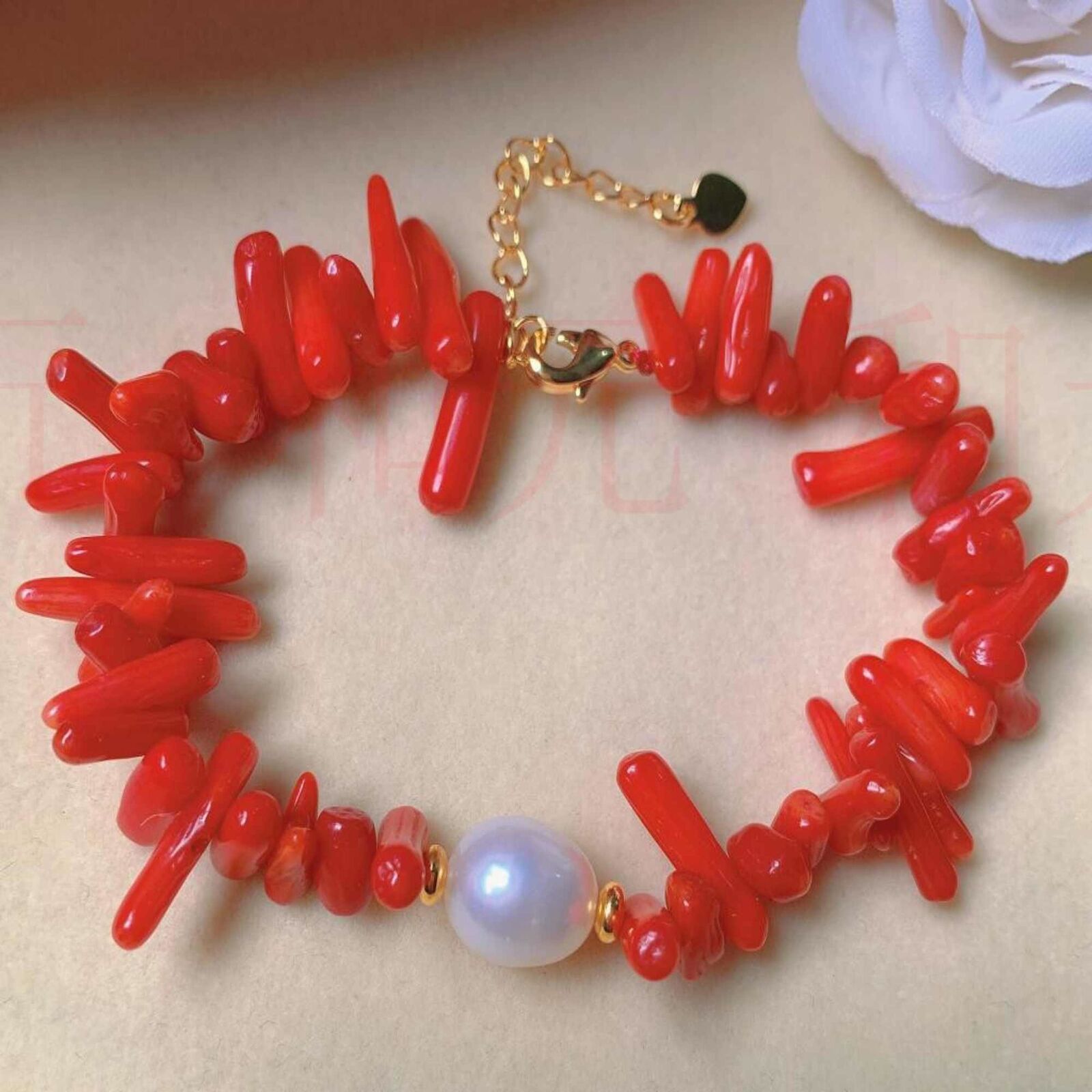 Natural white block Fresh water pearl Red Coral Gold bracelet gift Dark Matter