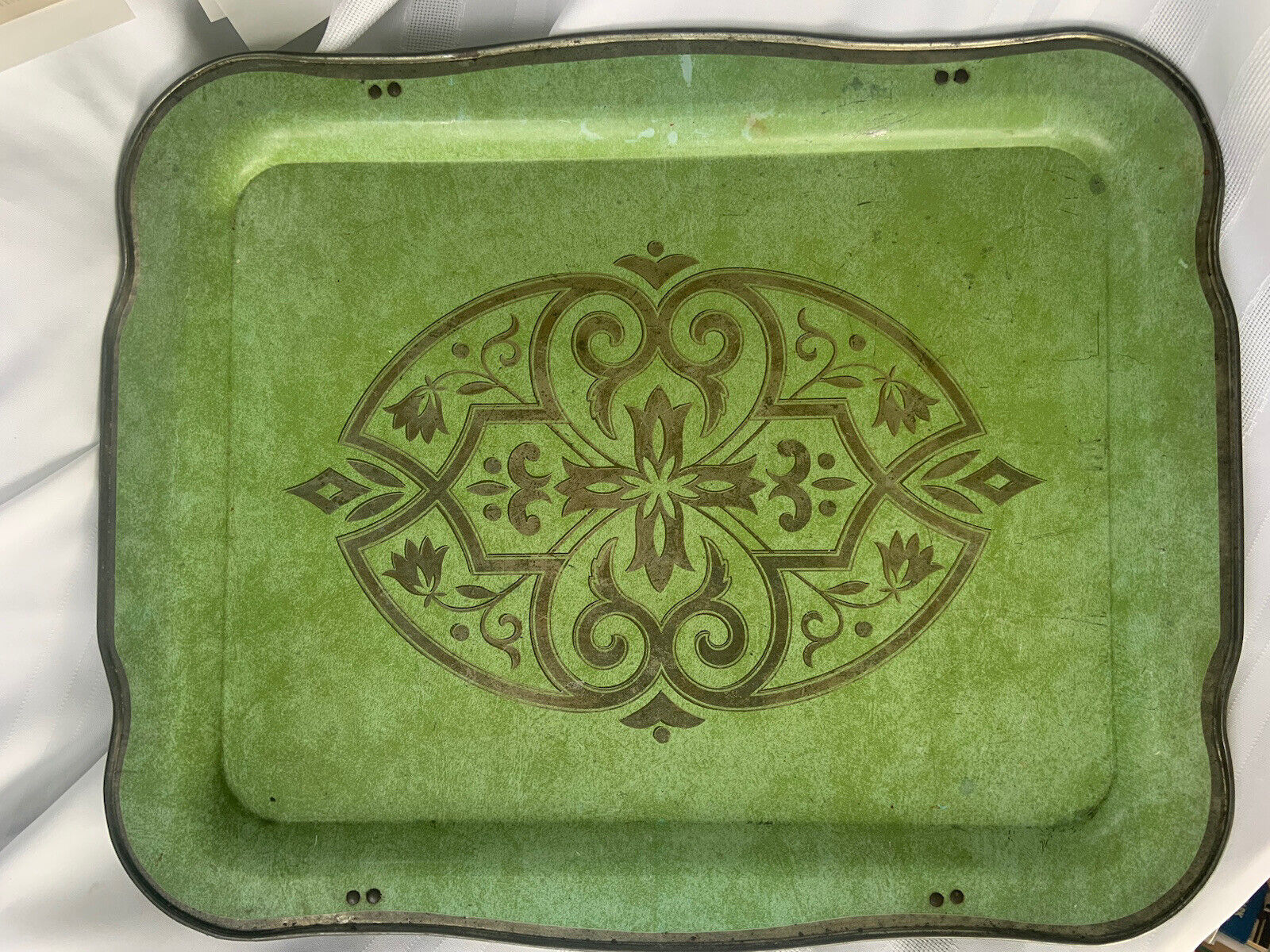 1x Vintage MCM  Green & Gold Metal TV Tray Gold Trim (no stand)