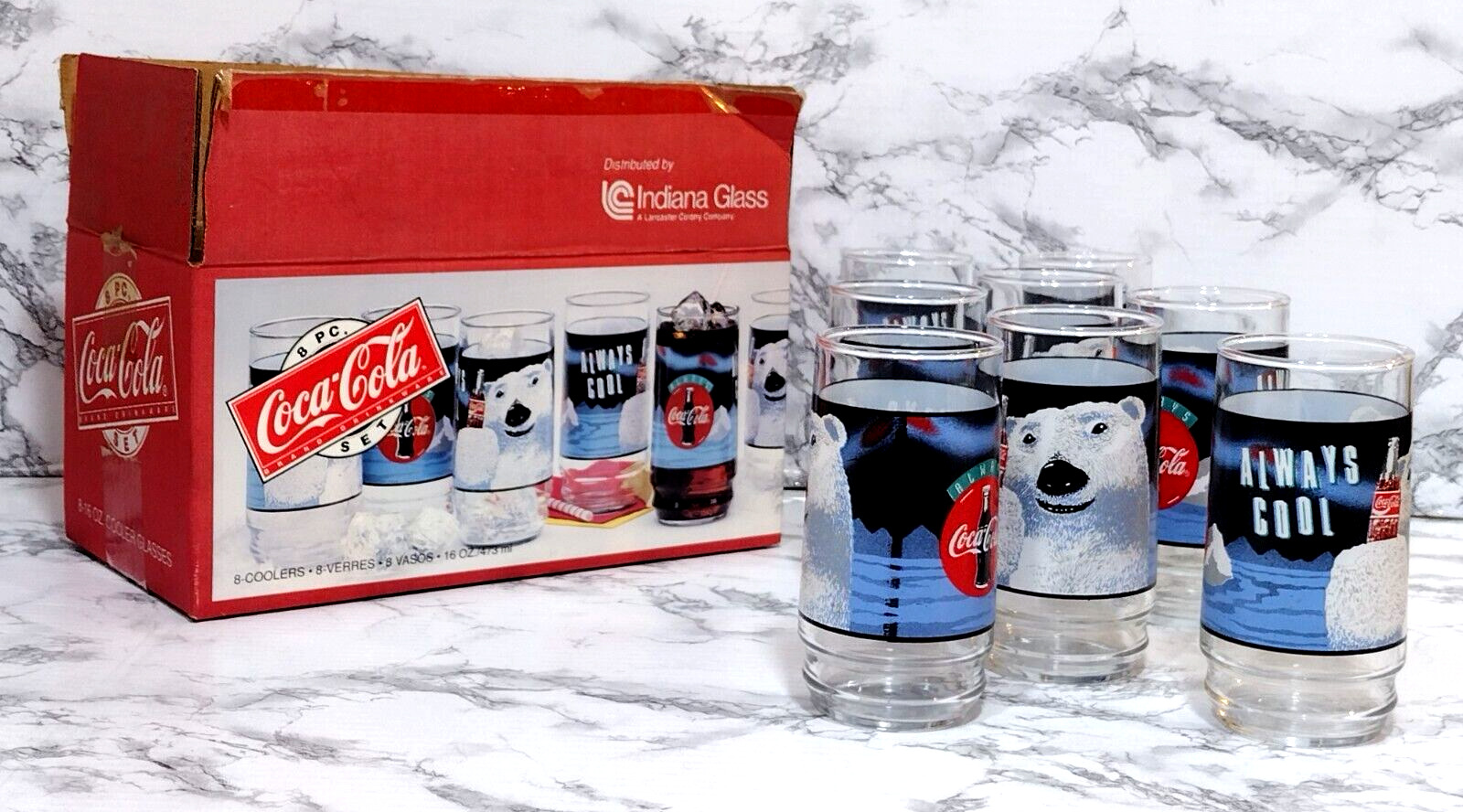 Vintage 1992 Coca-Cola Polar Bear Always Cool 8 Pc Beverage Set Indiana Glass