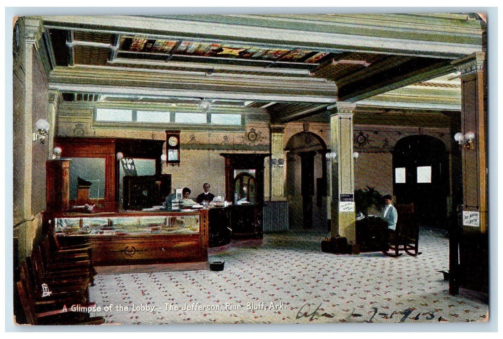 c1910's Glimpse Of The Lobby The Jefferson Employee Pine Bluff Arkansas Postcard