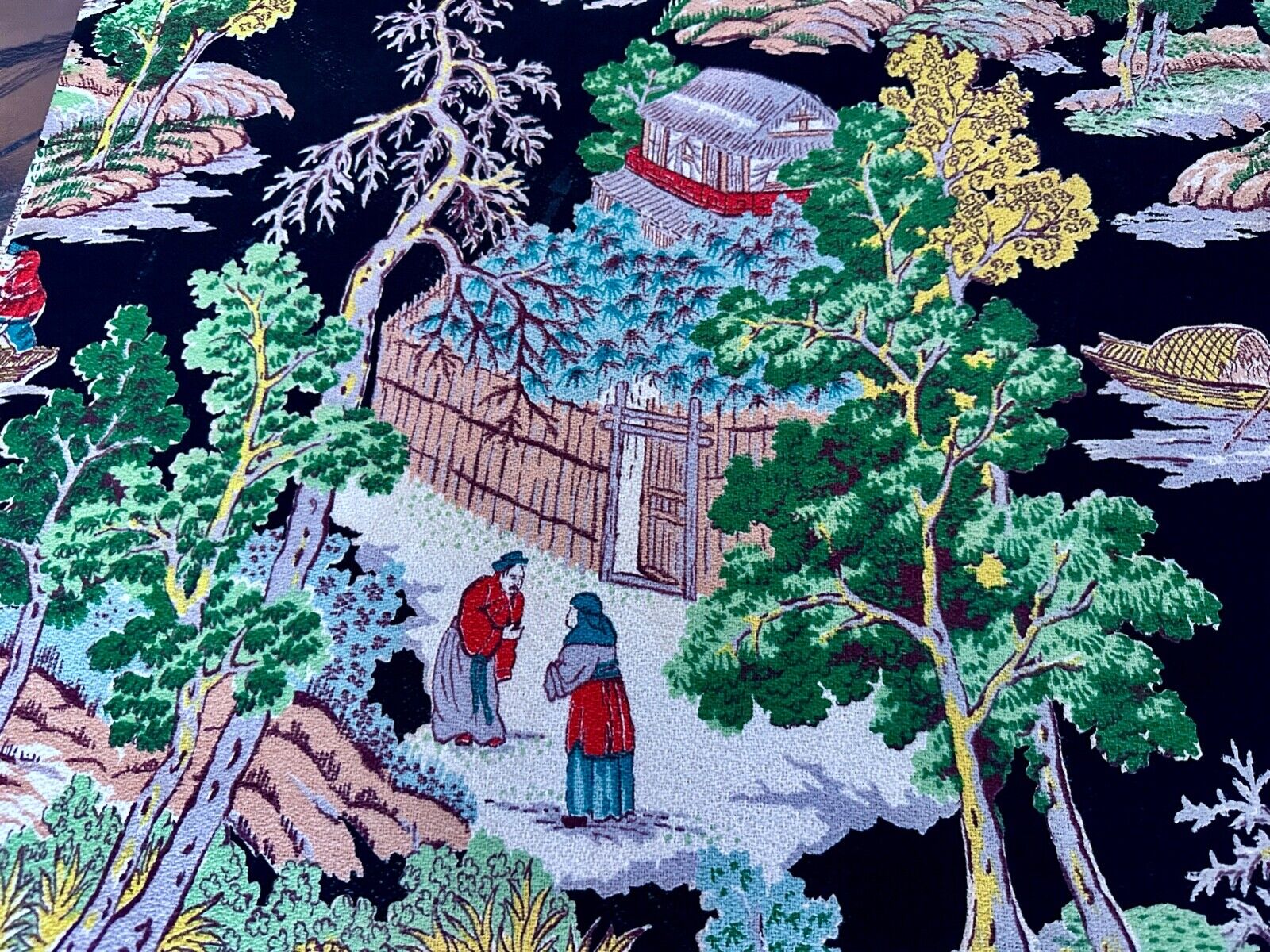 40's Orient Chinoiserie Manchu Gardens Salesman Sample Barkcloth Vintage Fabric